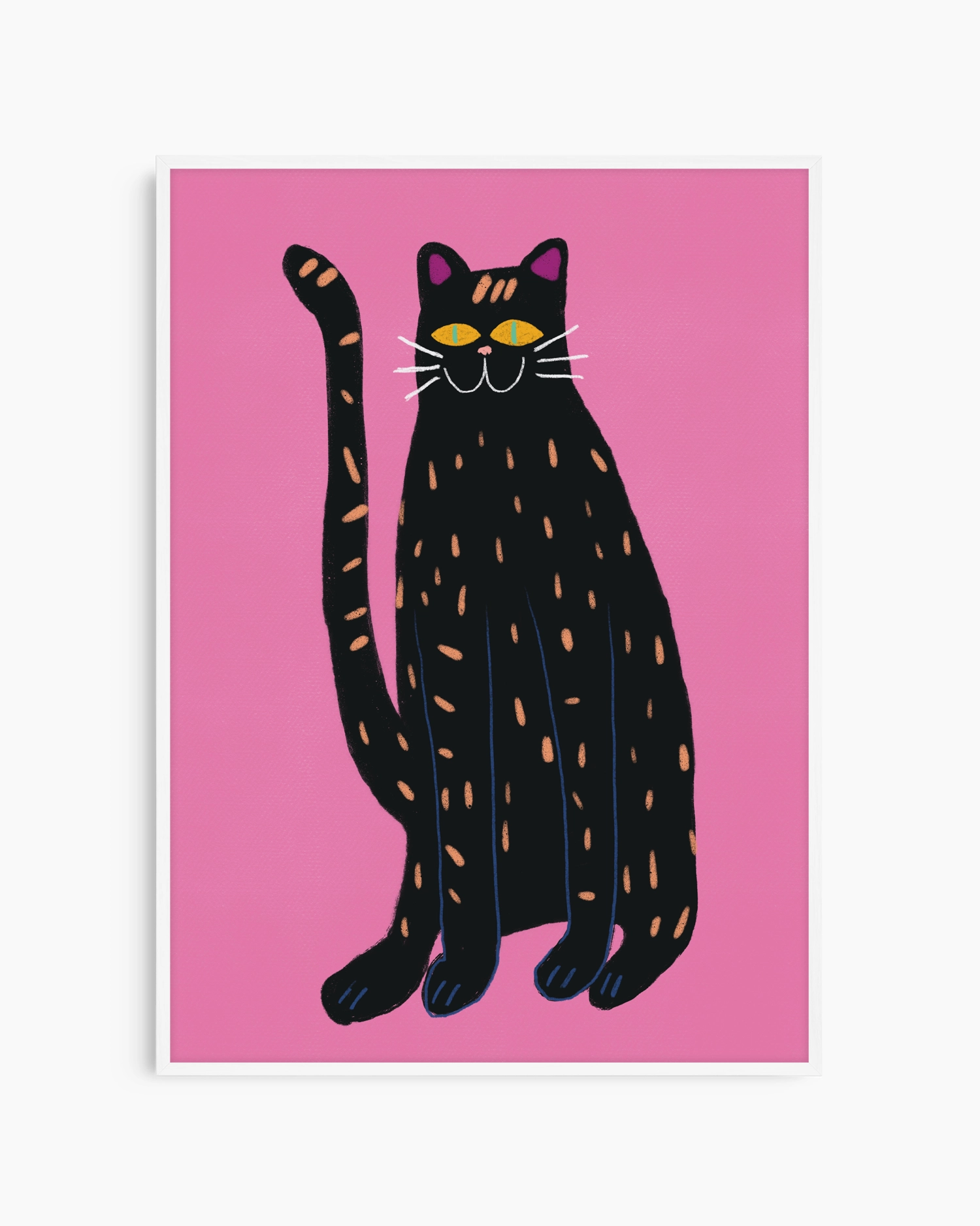 Illustration of a black cat with orange spots on a pink background