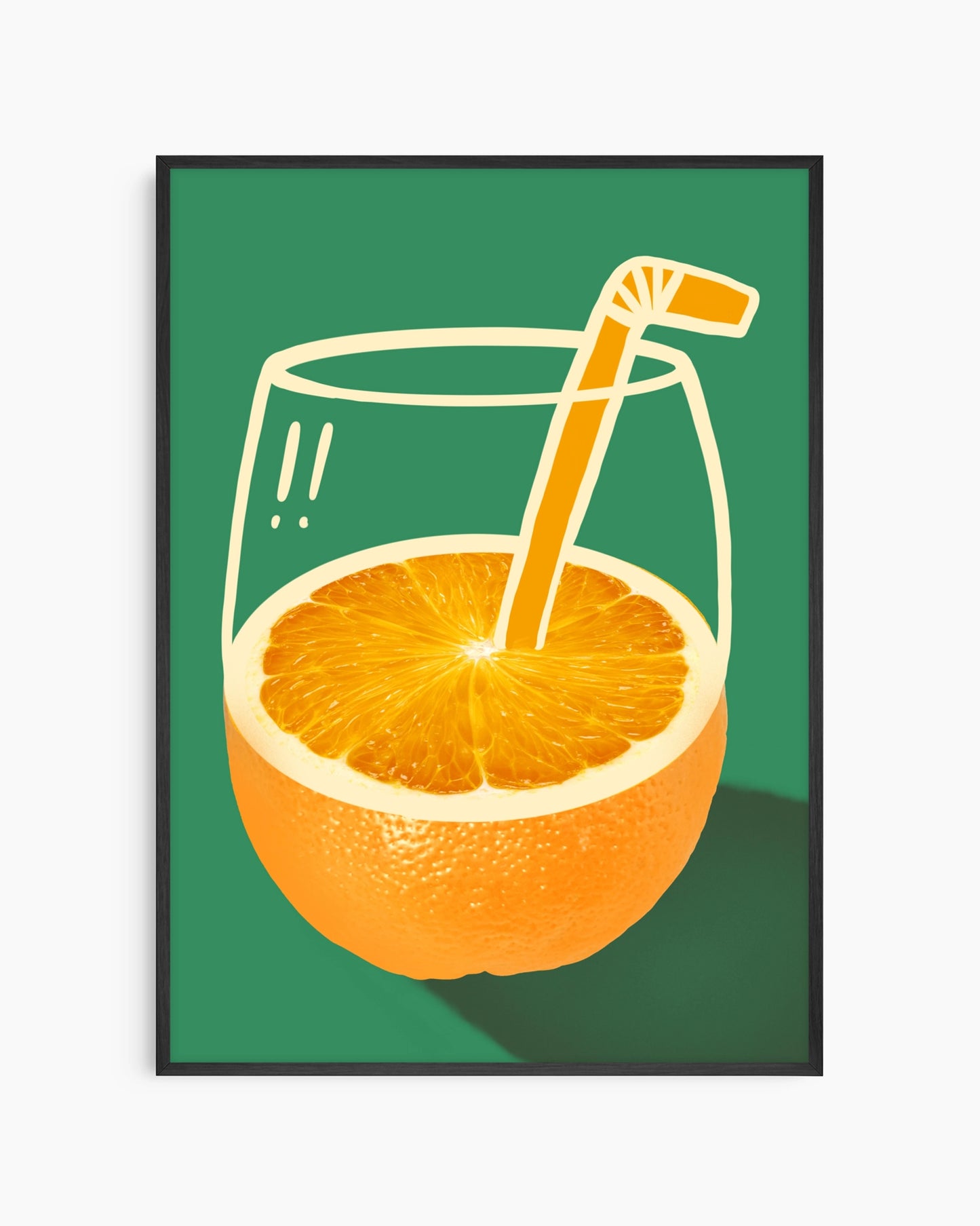 Framed artwork of an orange with a glass and straw on a green background