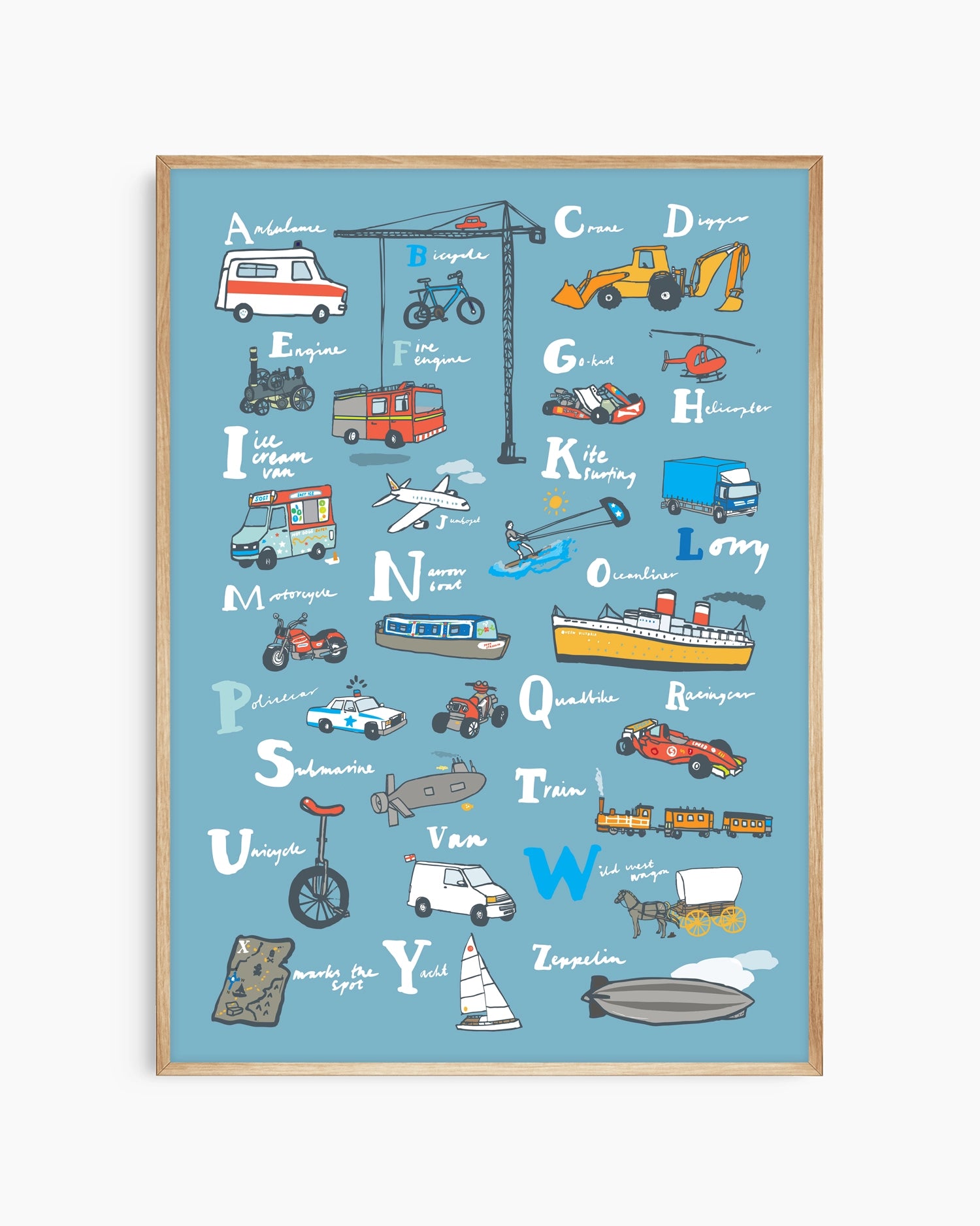 Children's poster with alphabet letters and corresponding illustrations on a blue background