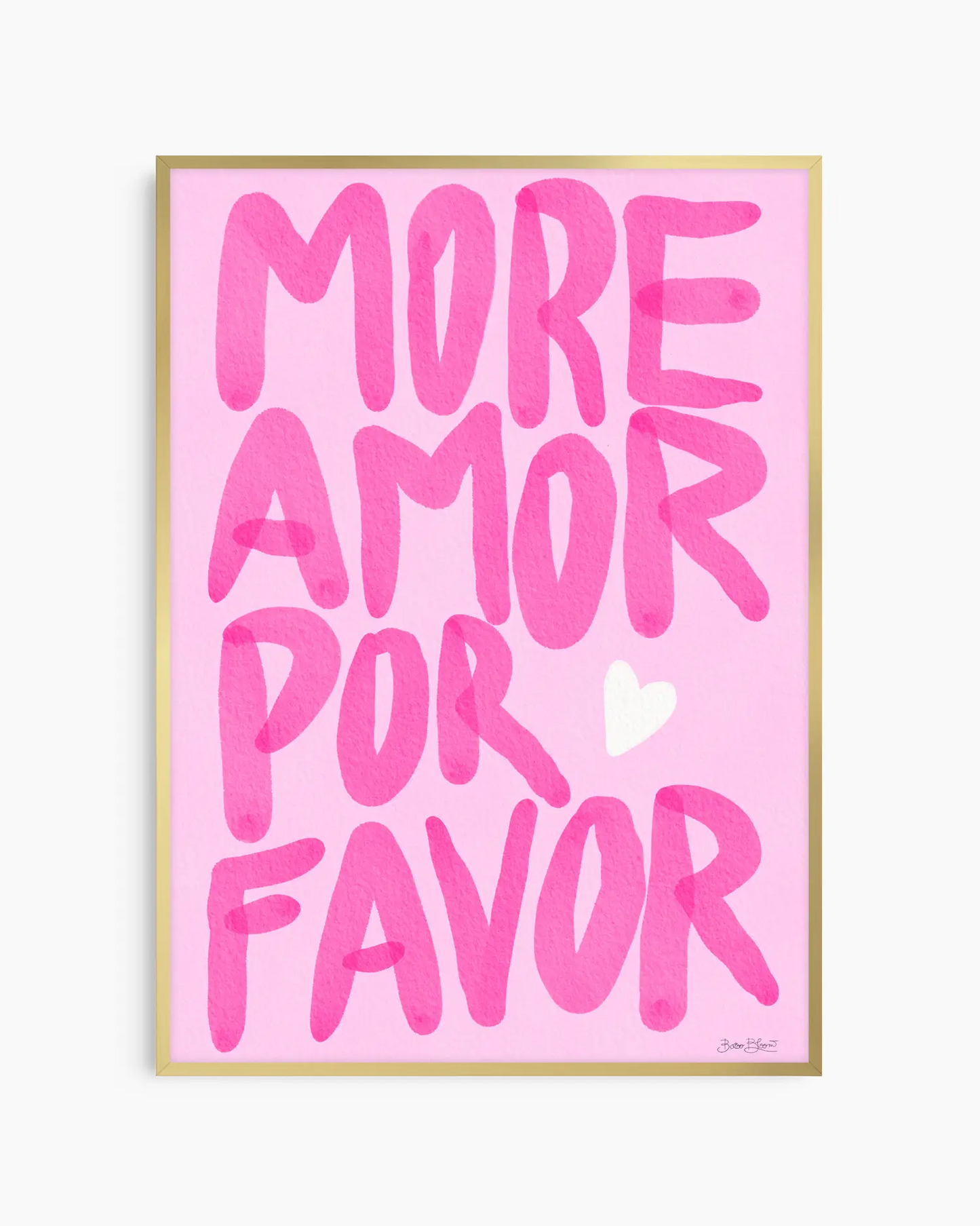Nursery poster with pink text 'MORE AMOR POR FAVOR' on a pink background. Gold frame.