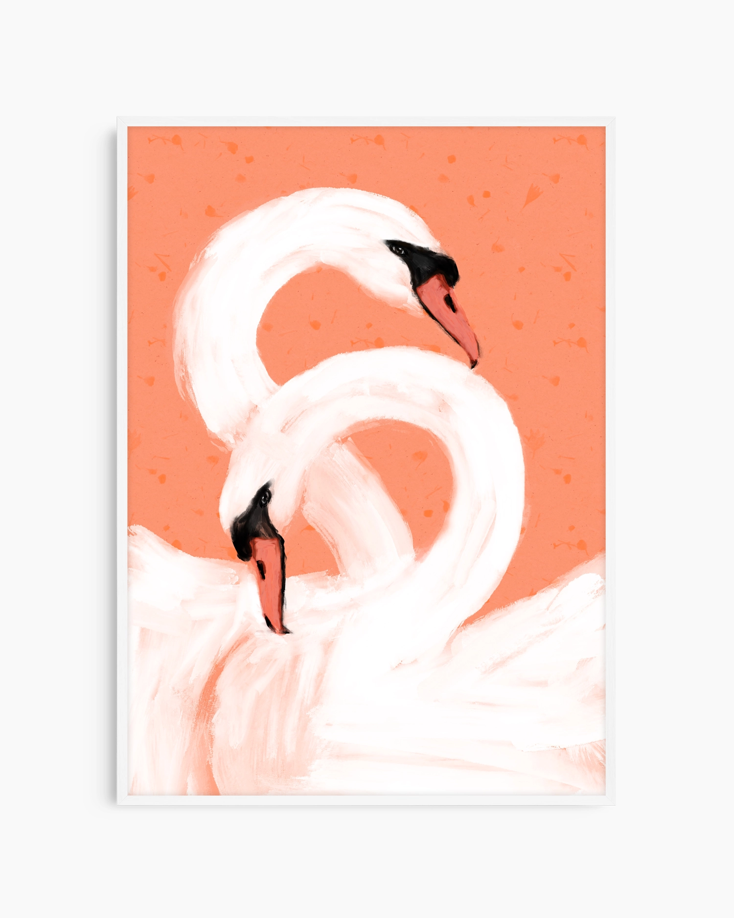 Two swans in a heart shape on a coral background