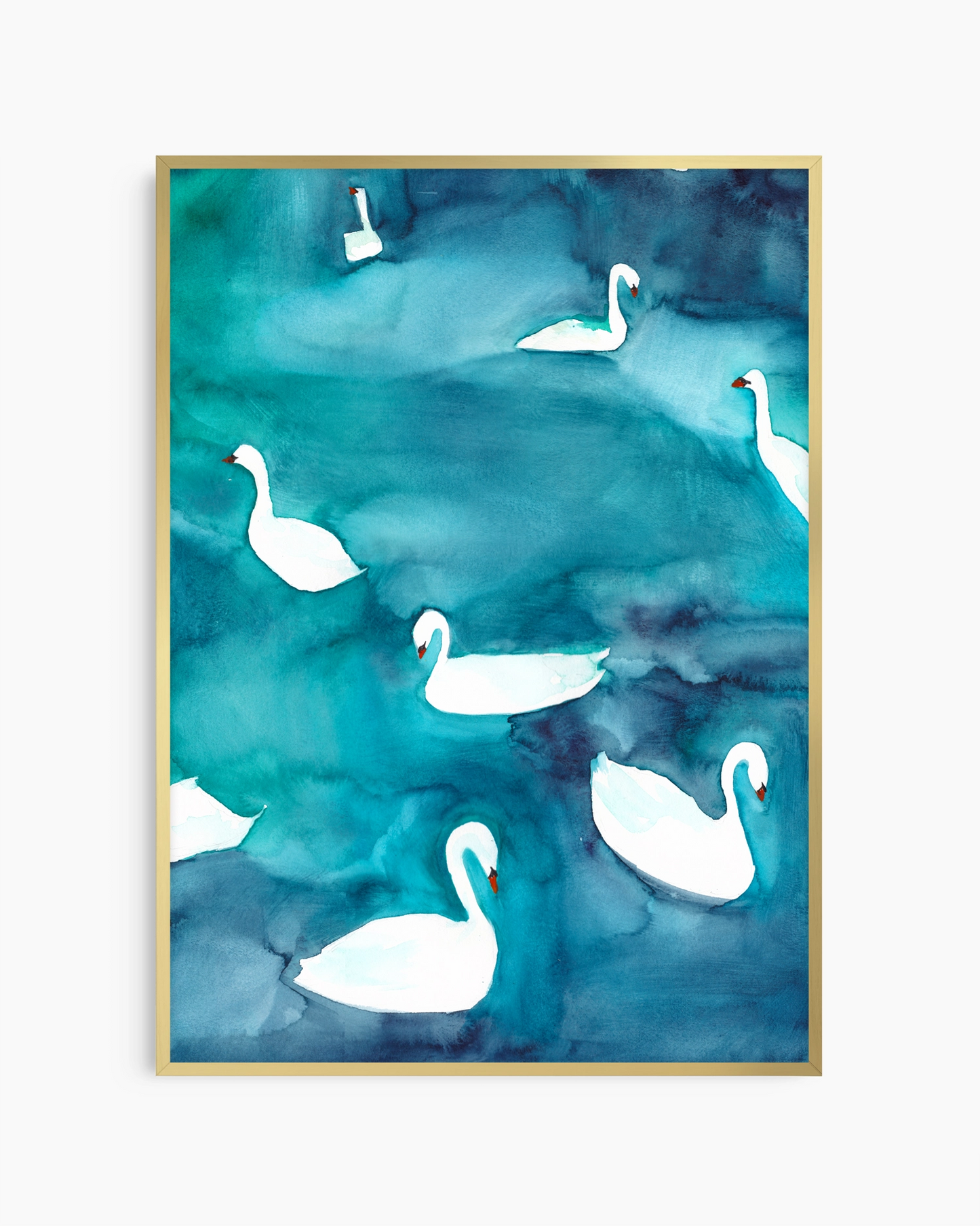 Framed artwork of white swans on a blue watercolor background