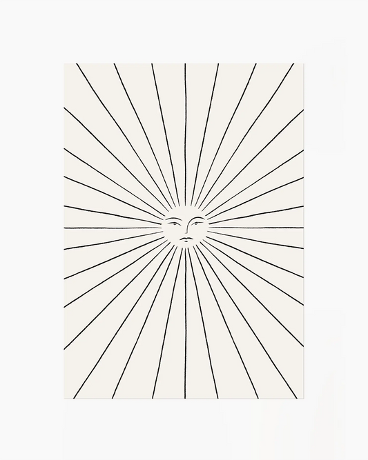 Black sunburst pattern with a central eye design on a white background