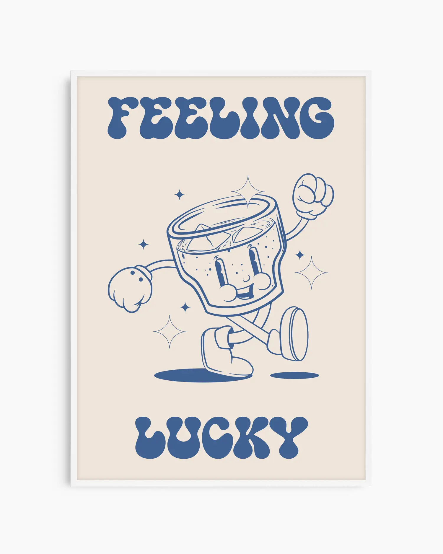 Illustration of a glass character with text 'Feeling Lucky' on a beige background