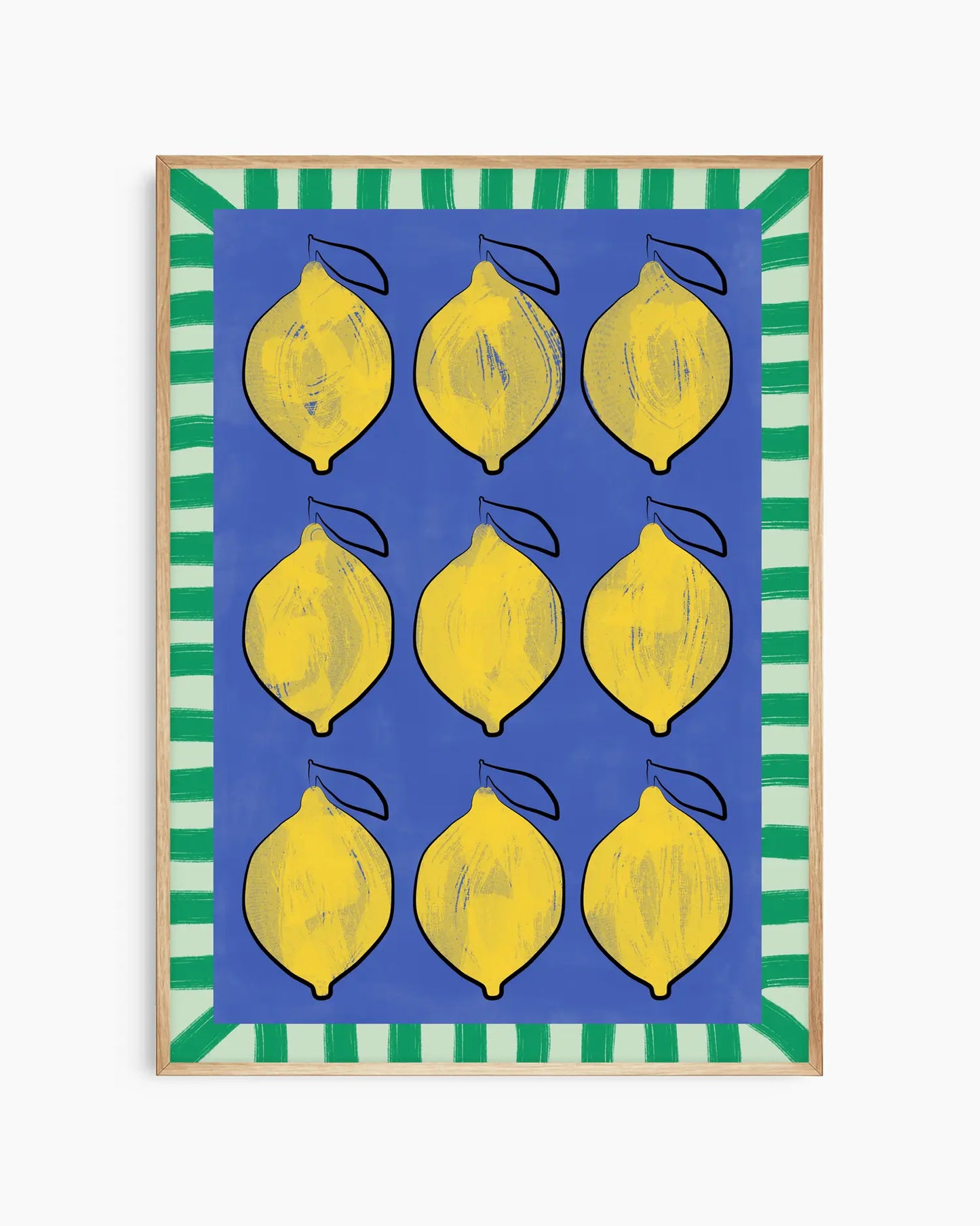 Framed artwork with yellow lemons on a blue background