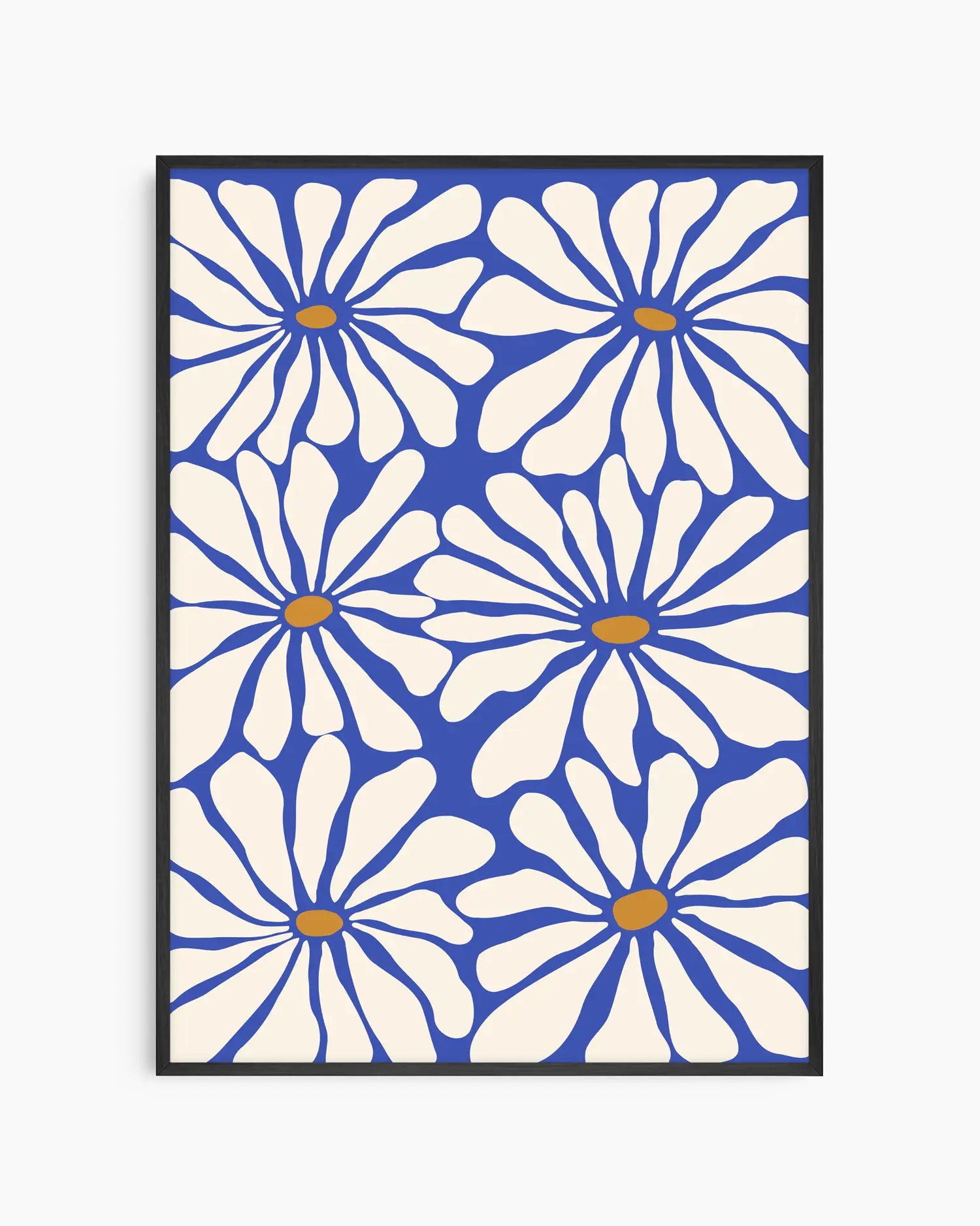 Framed artwork with white floral patterns on a blue background