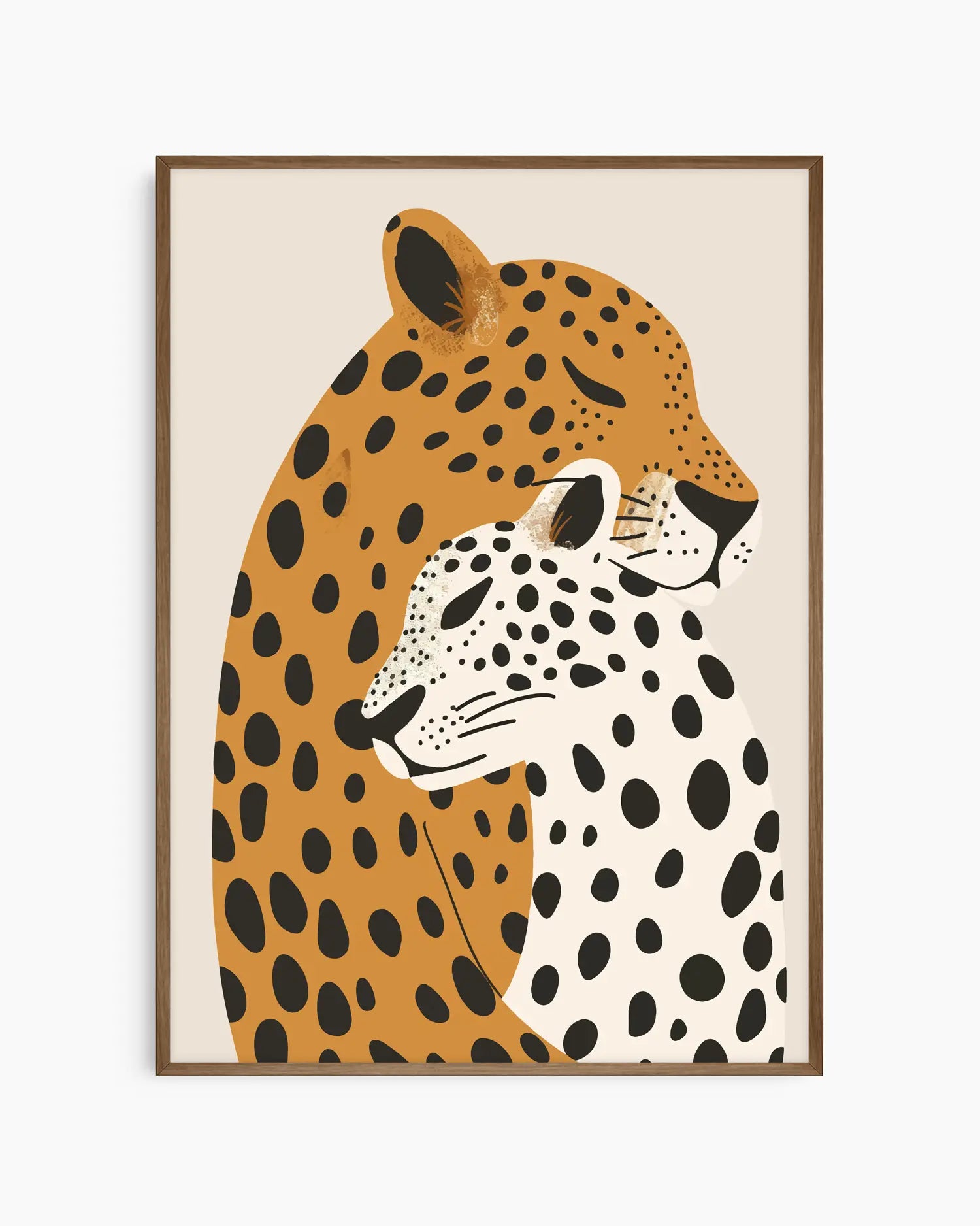 Nursery artwork of two leopards with different patterns on a beige background framed in a smoked oak wooden frame.