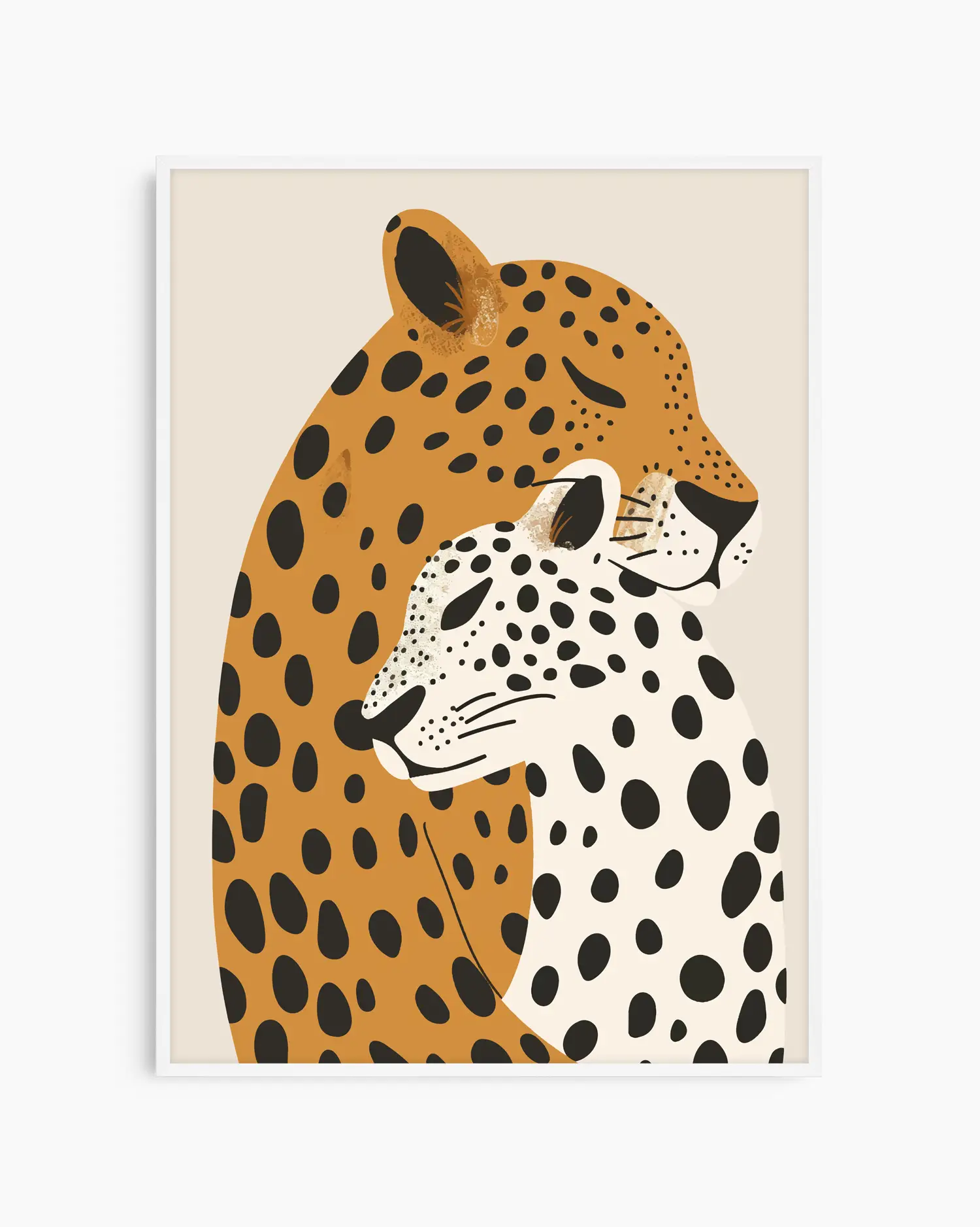 Nursery artwork of two leopards with different patterns on a beige background framed in a white wooden frame.