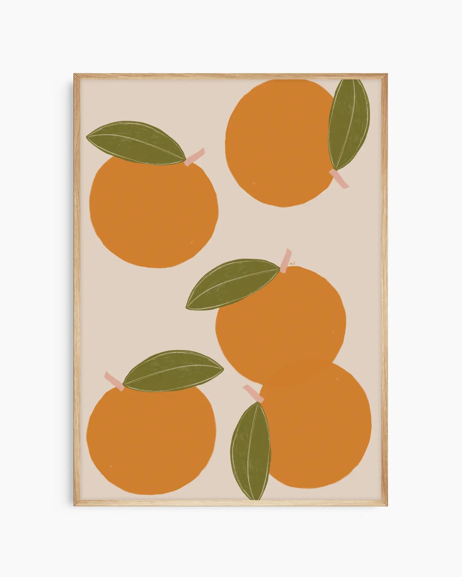 Framed artwork with orange fruit and green leaves on a beige background