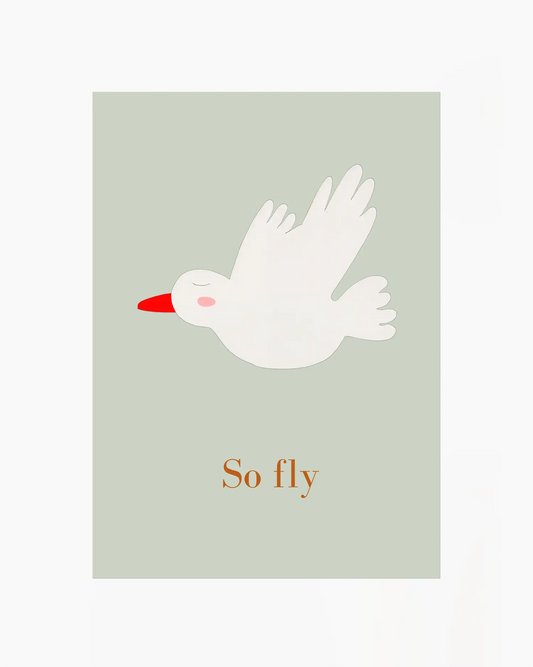 White bird illustration with 'So fly' text on a light green background