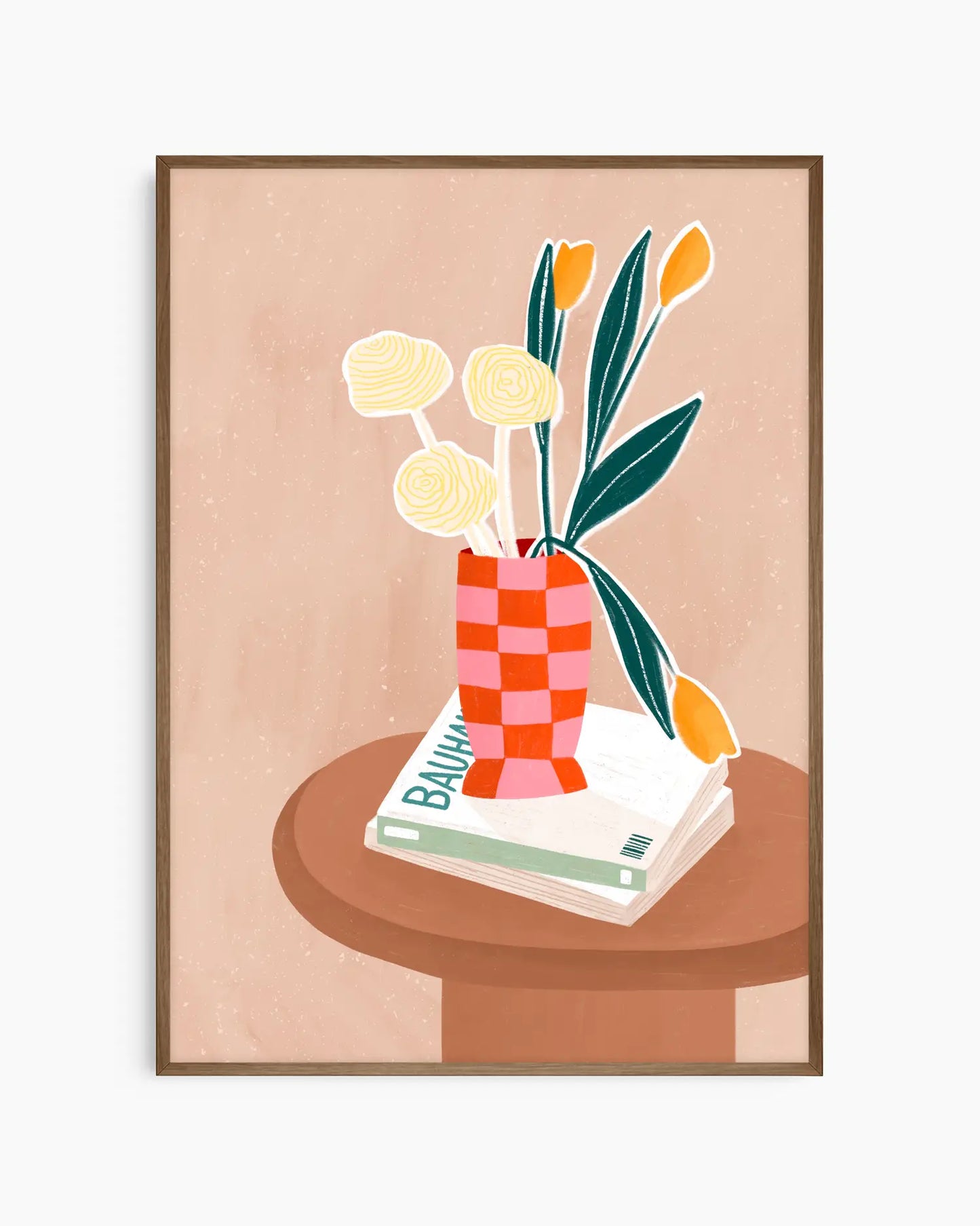 Framed artwork of a vase with flowers on a table against a beige background