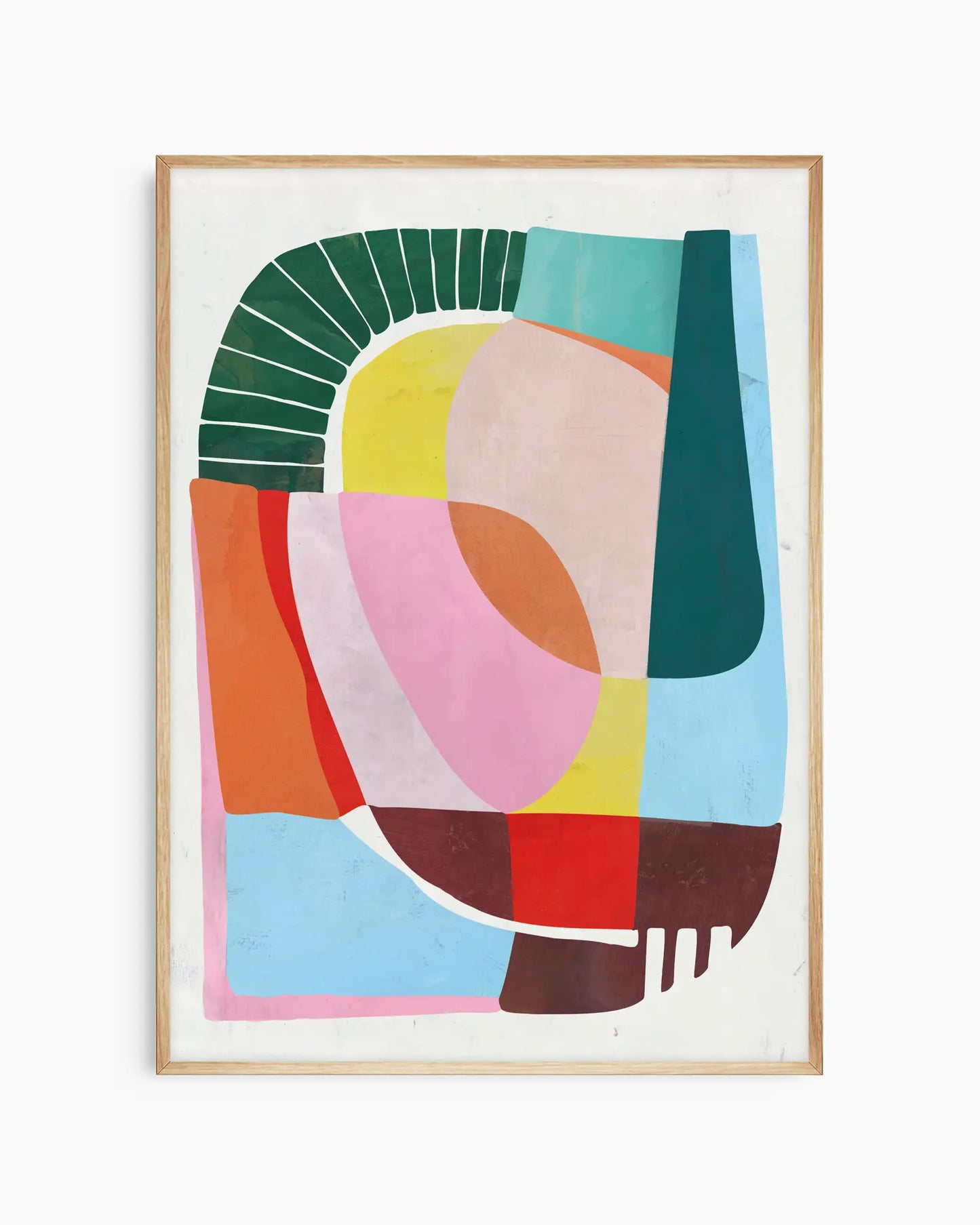 Framed abstract artwork with colorful geometric shapes on a white background