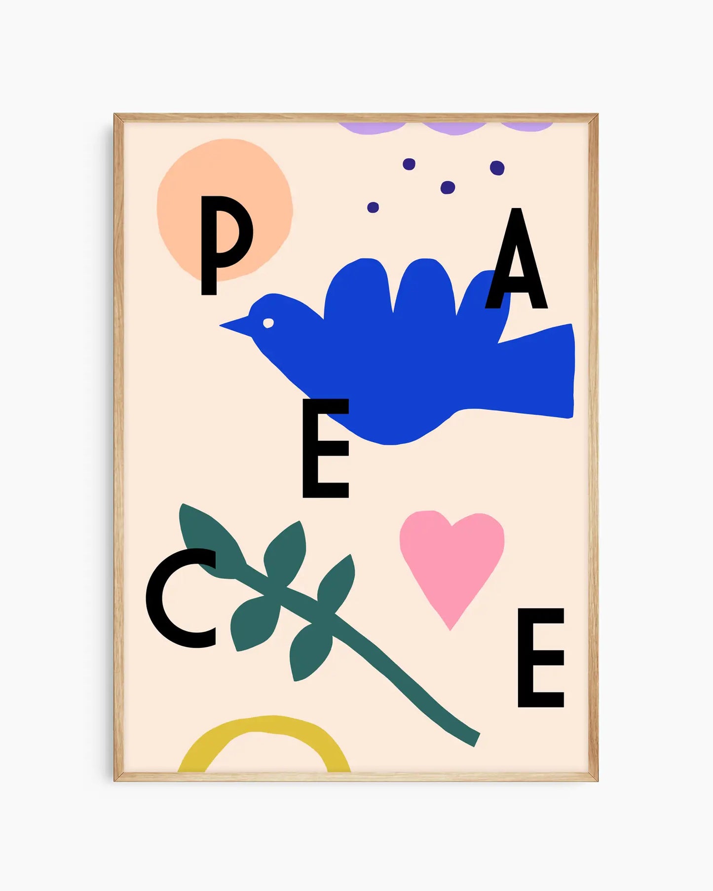 Framed artwork with abstract design featuring a blue bird, colorful letters, and symbols on a beige background.
