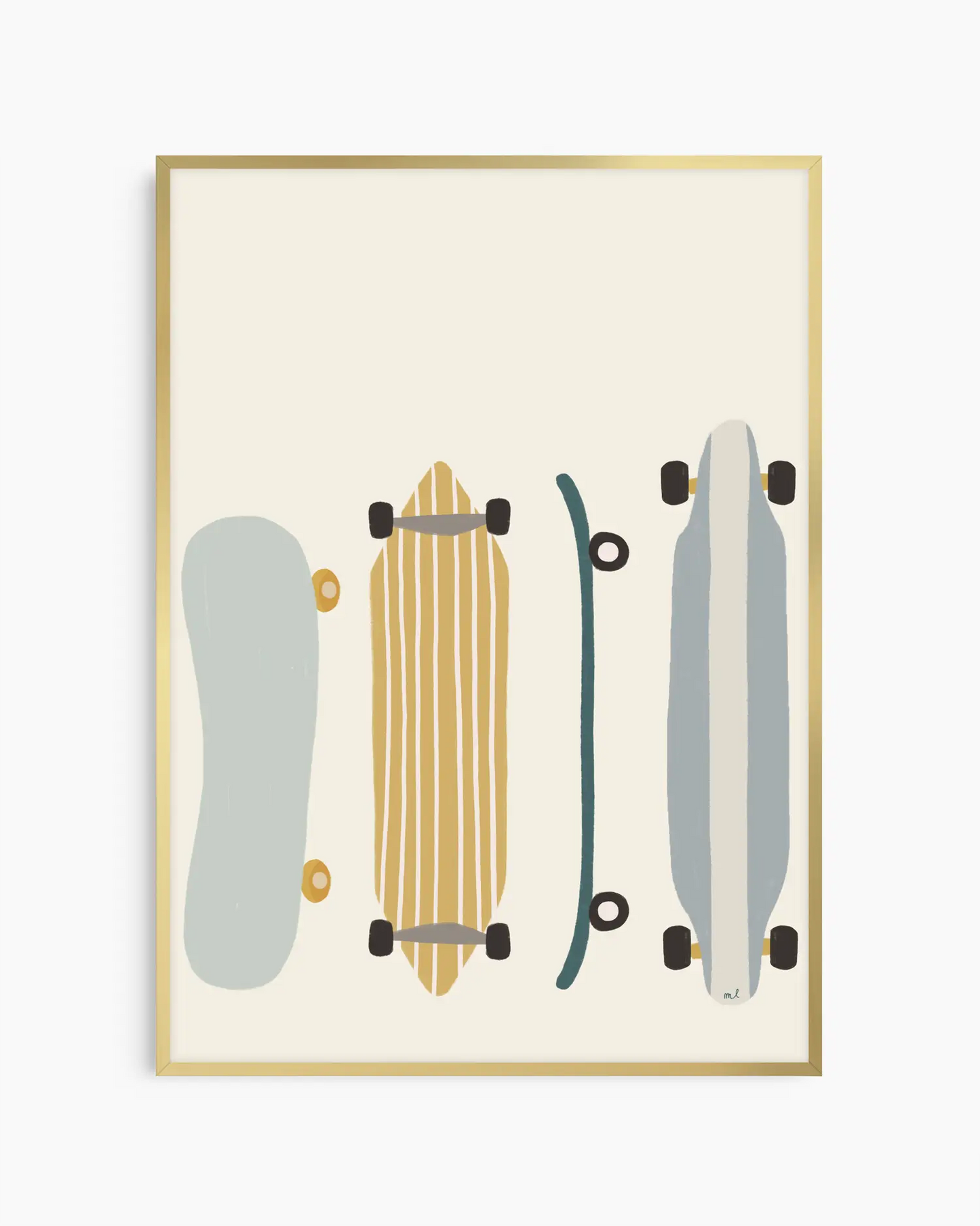 Framed artwork of four skateboards in different colors on a beige background