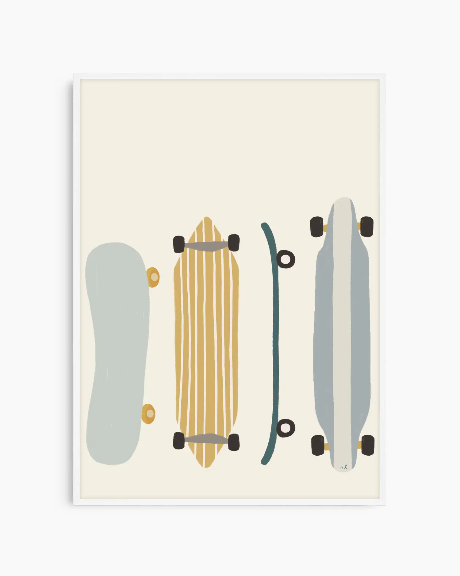 Framed artwork of four skateboards in different colors on a beige background