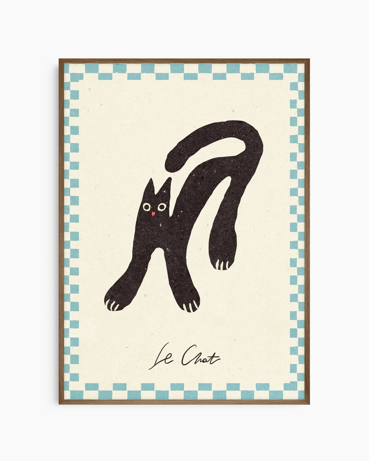 Framed artwork of a black cat illustration with 'Le Chat' text on a checkered border.