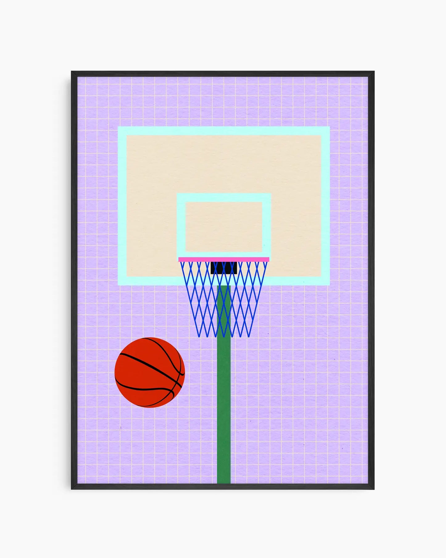 Framed artwork of a basketball hoop and ball on a purple grid background