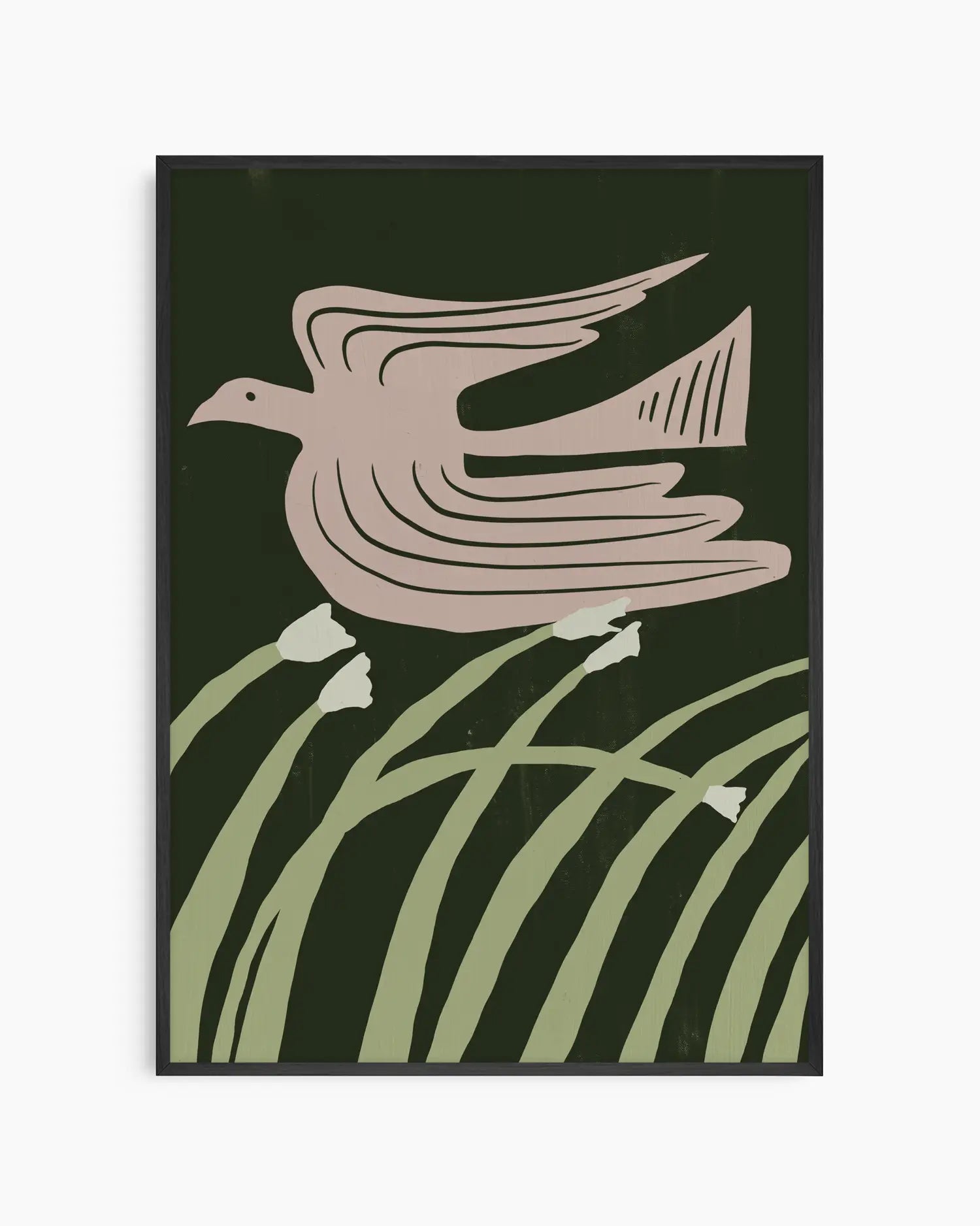 Illustration of a bird flying over grass and flowers on a dark green background