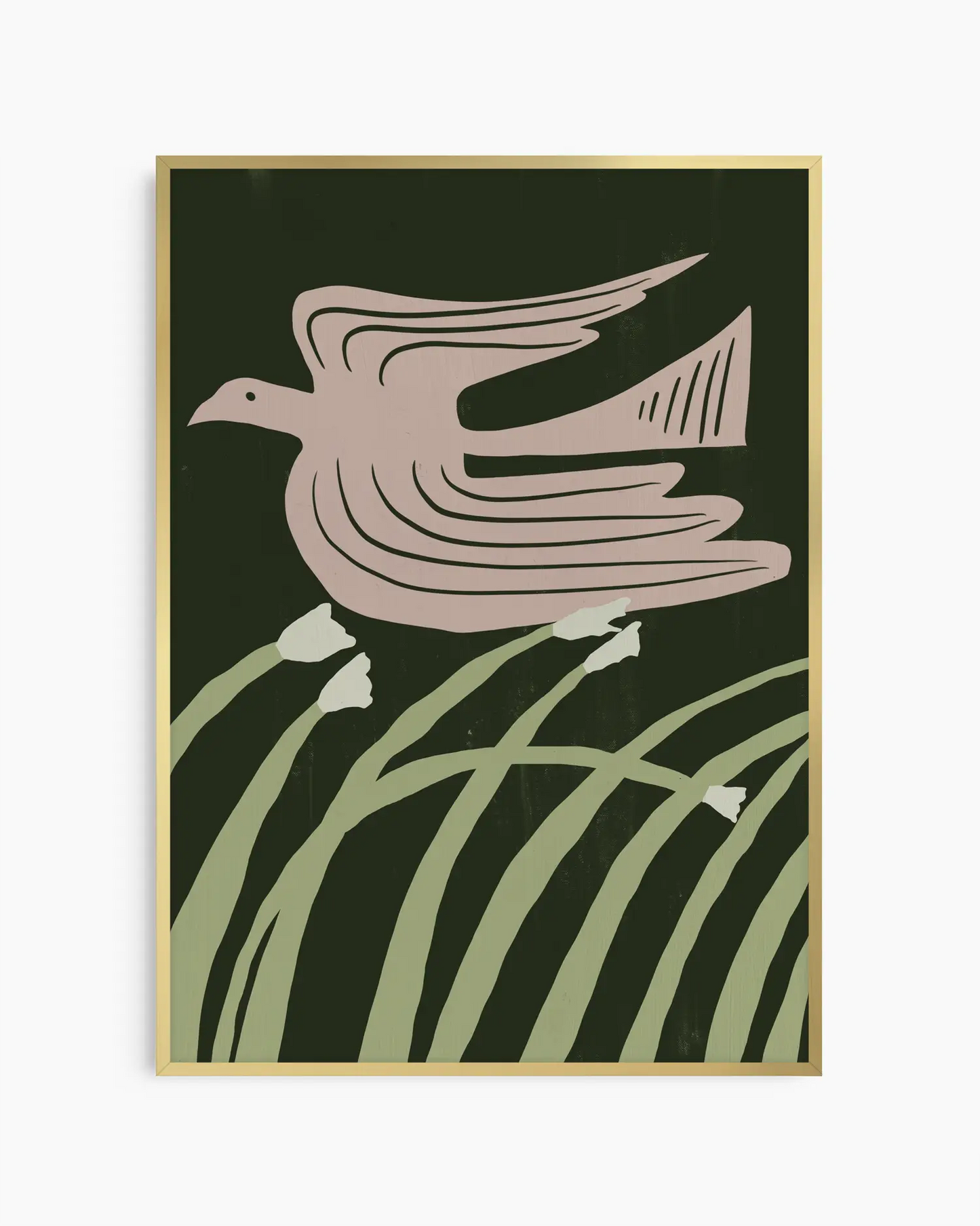 Framed artwork of a bird and grasses on a dark green background
