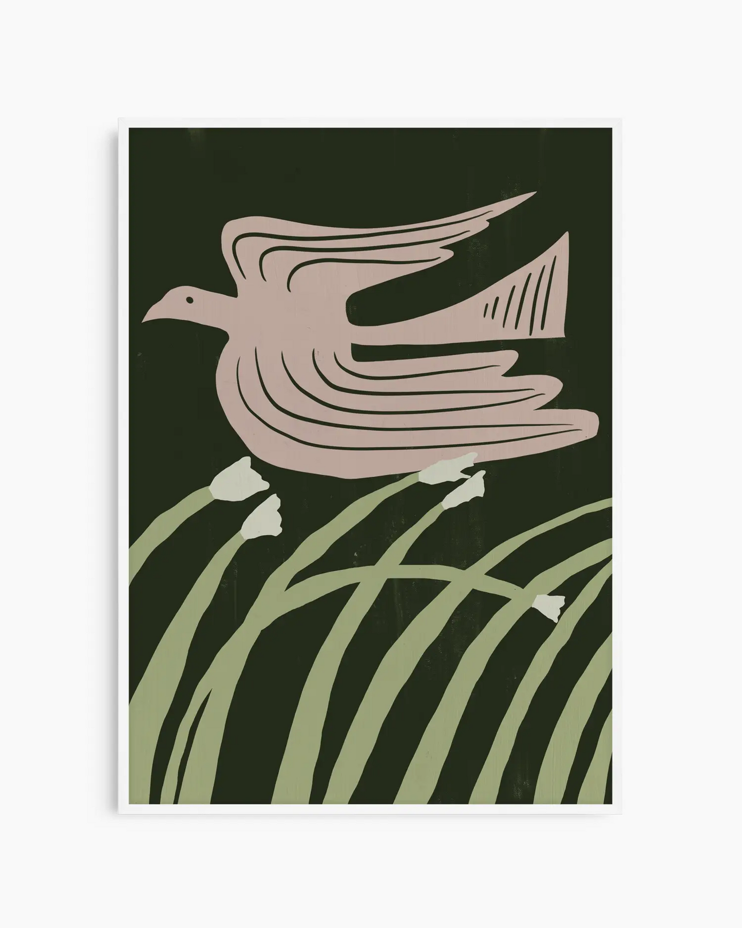 Decorative card with a bird and grass design on a dark green background