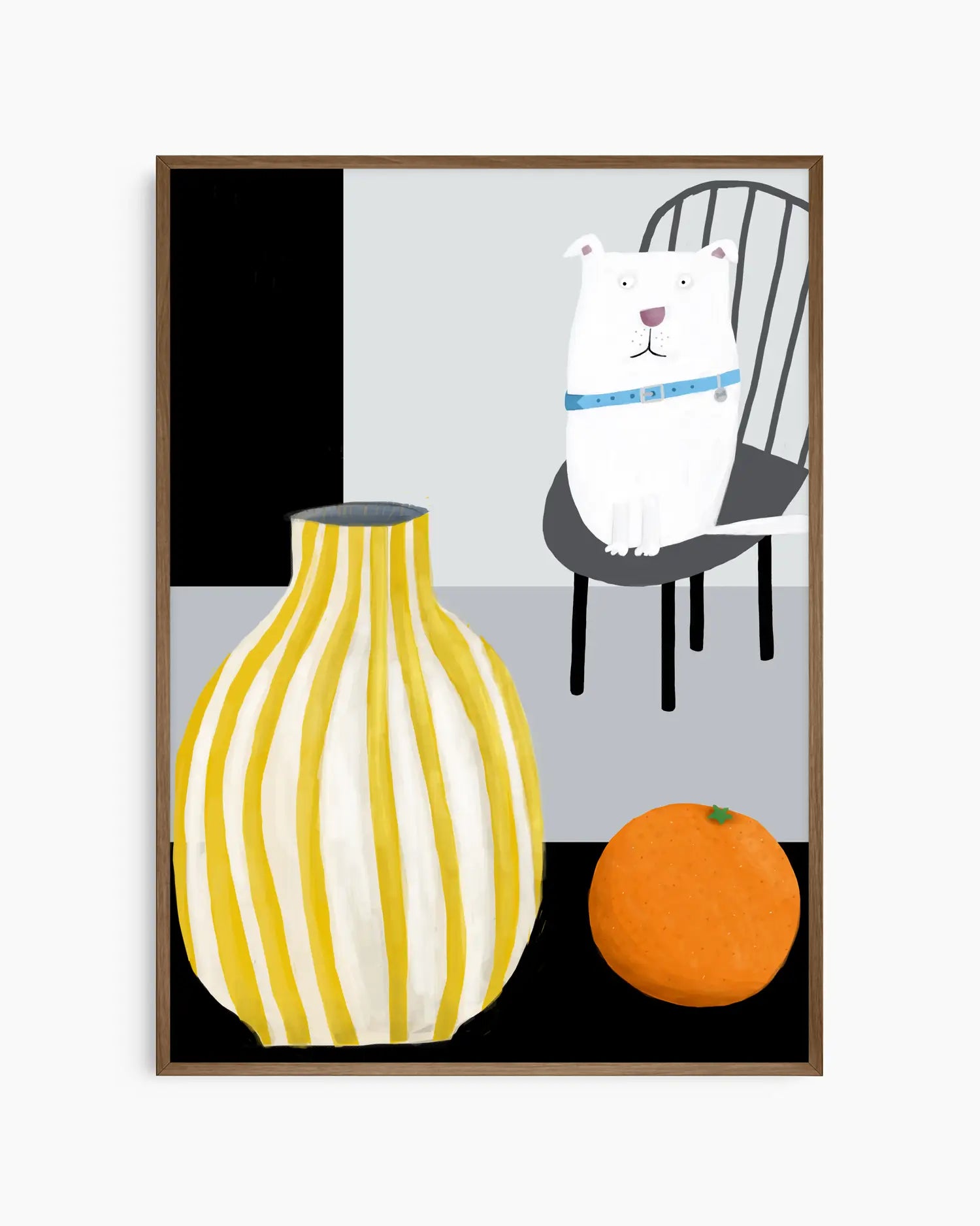 Framed artwork with a white bear, yellow vase, and orange on a black and white background