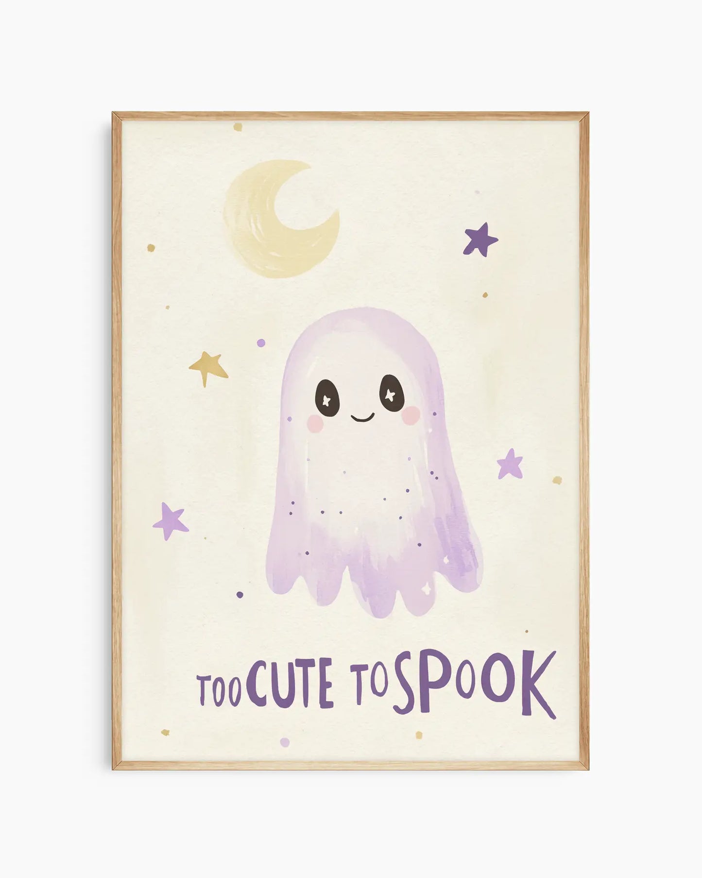 Framed artwork with a cute ghost illustration and text 'Too Cute to Spook' on a light background.