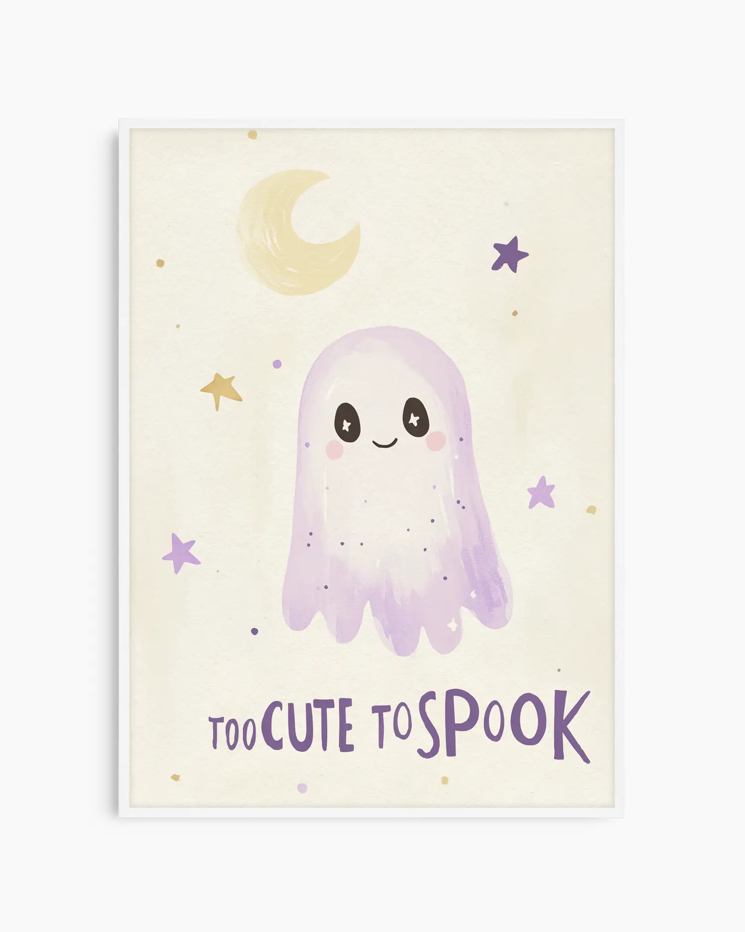 Cartoon ghost with 'Too Cute to Spook' text on a starry night background