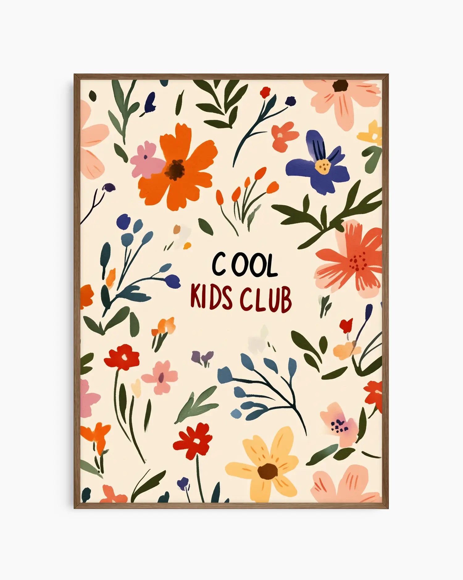 Poster with colorful floral design and 'Cool Kids Club' text on a beige background