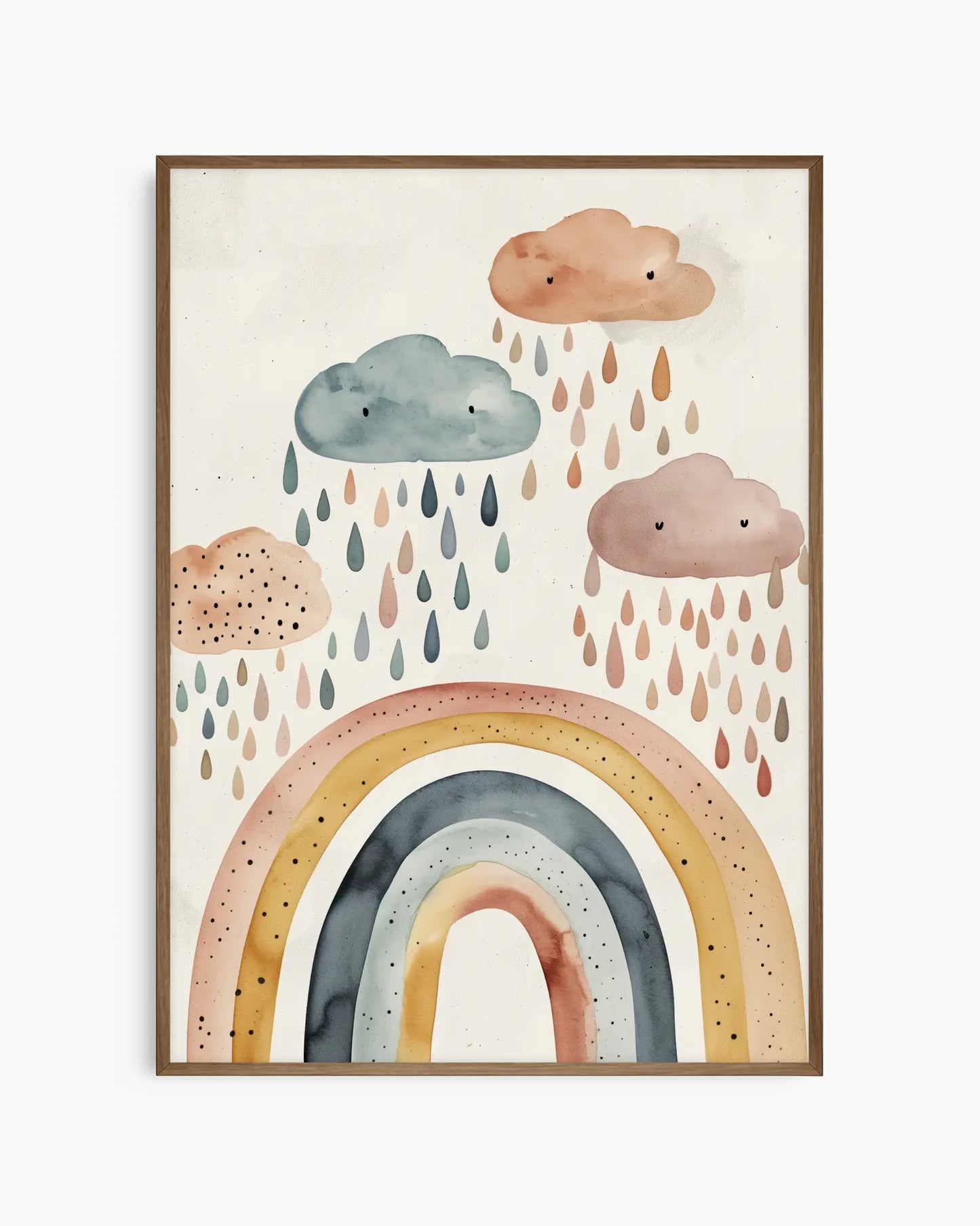 Framed artwork with colorful rainbow and clouds on a white background