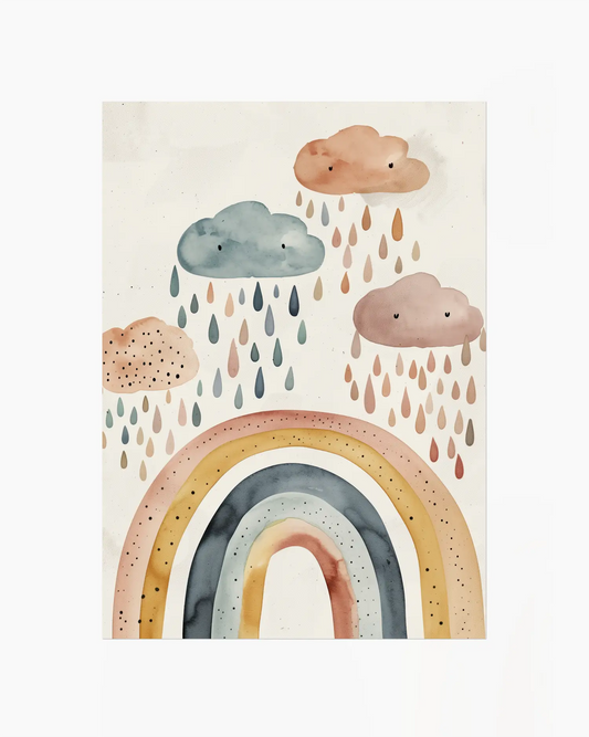 Children's poster with colorful rainbow and clouds on a light background