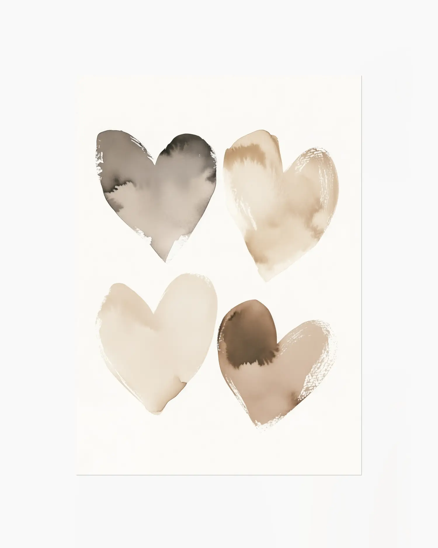Four heart-shaped objects with watercolor-like textures on a white background