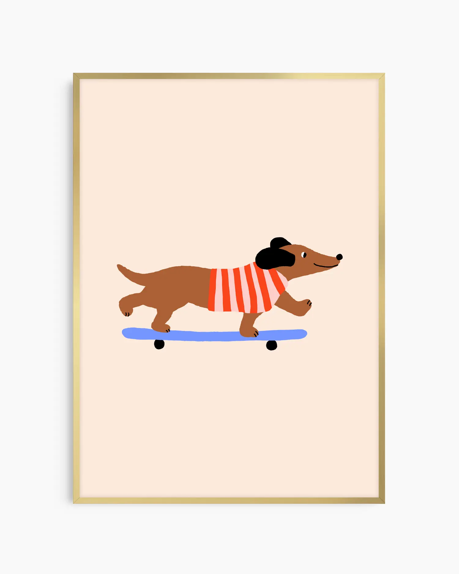 Framed artwork of a dachshund on a skateboard with a red sweater on a beige background