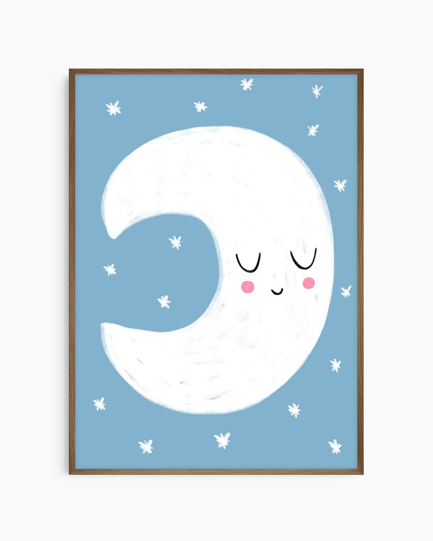 Framed artwork of a smiling moon on a blue background with white stars.