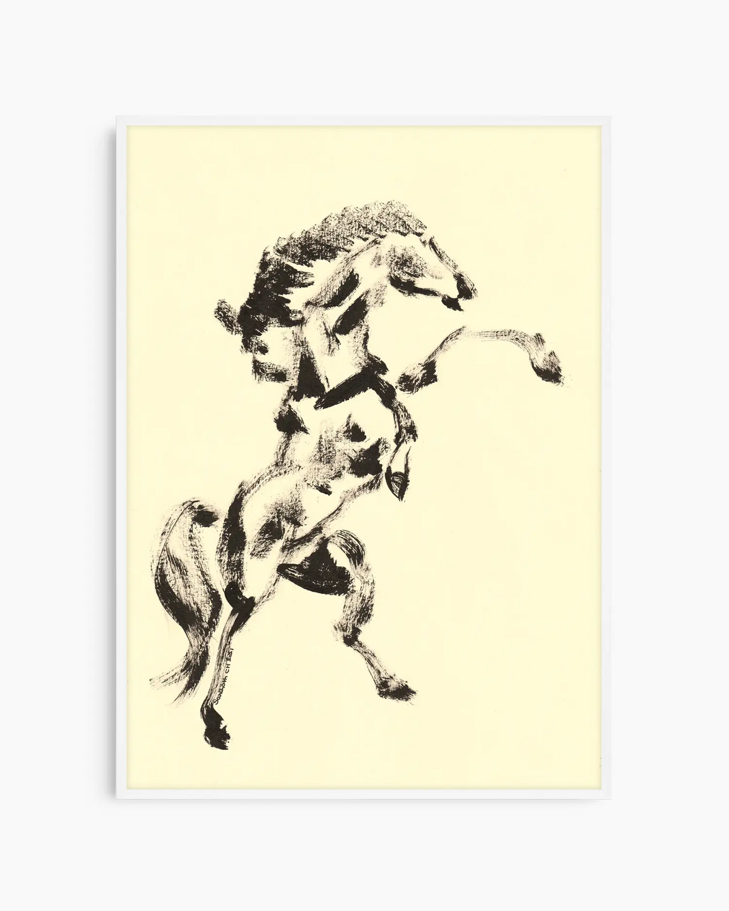 Black and white illustration of a rearing horse on a yellow background