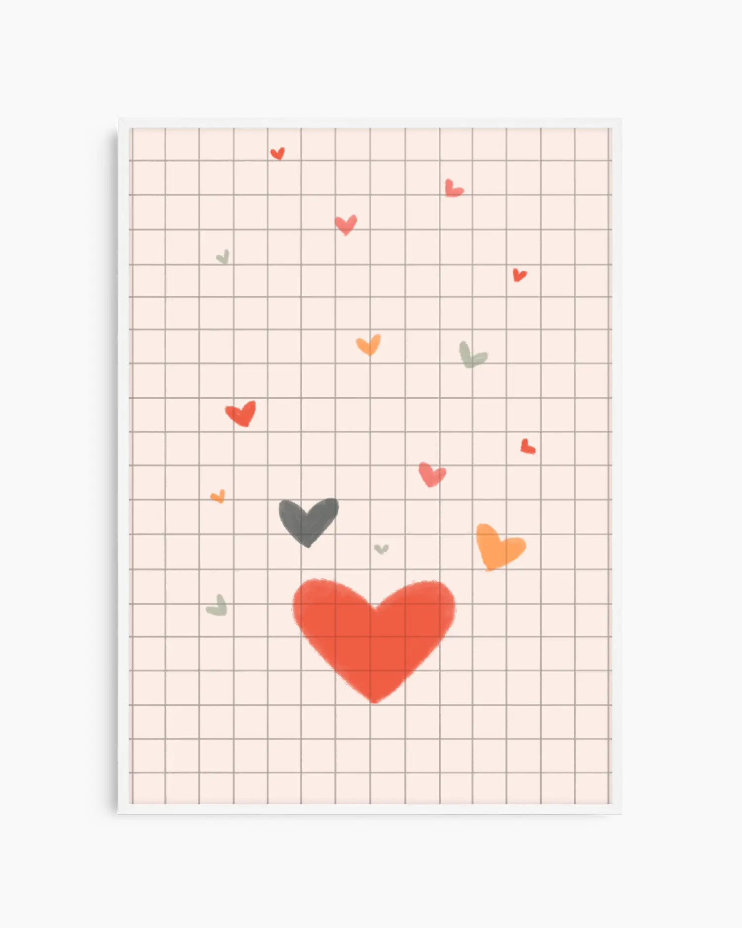 Poster with colorful hearts on a grid background