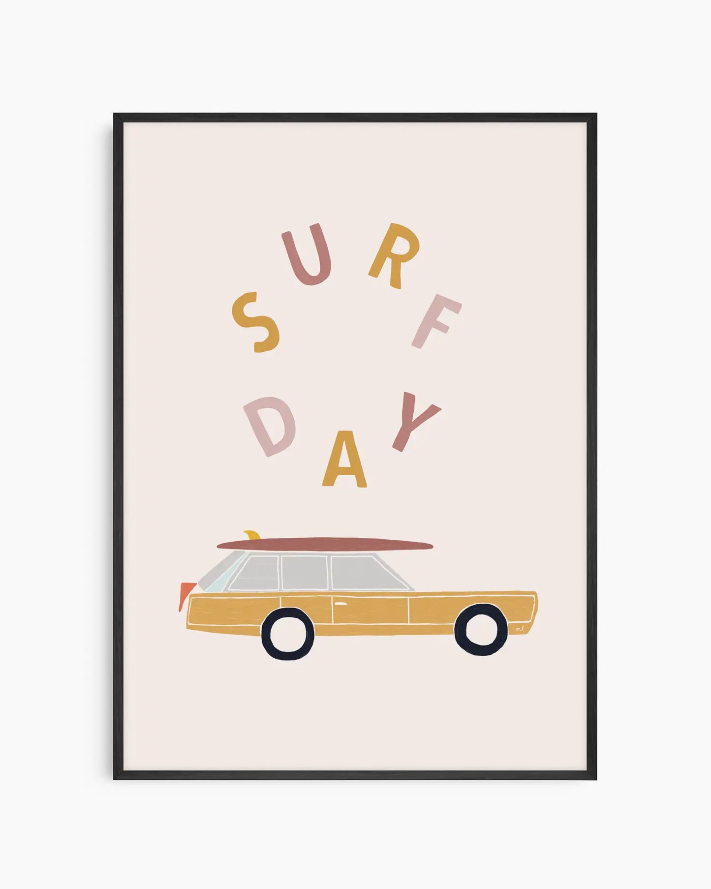 Framed artwork with 'Surf Day' text and a car illustration on a light background