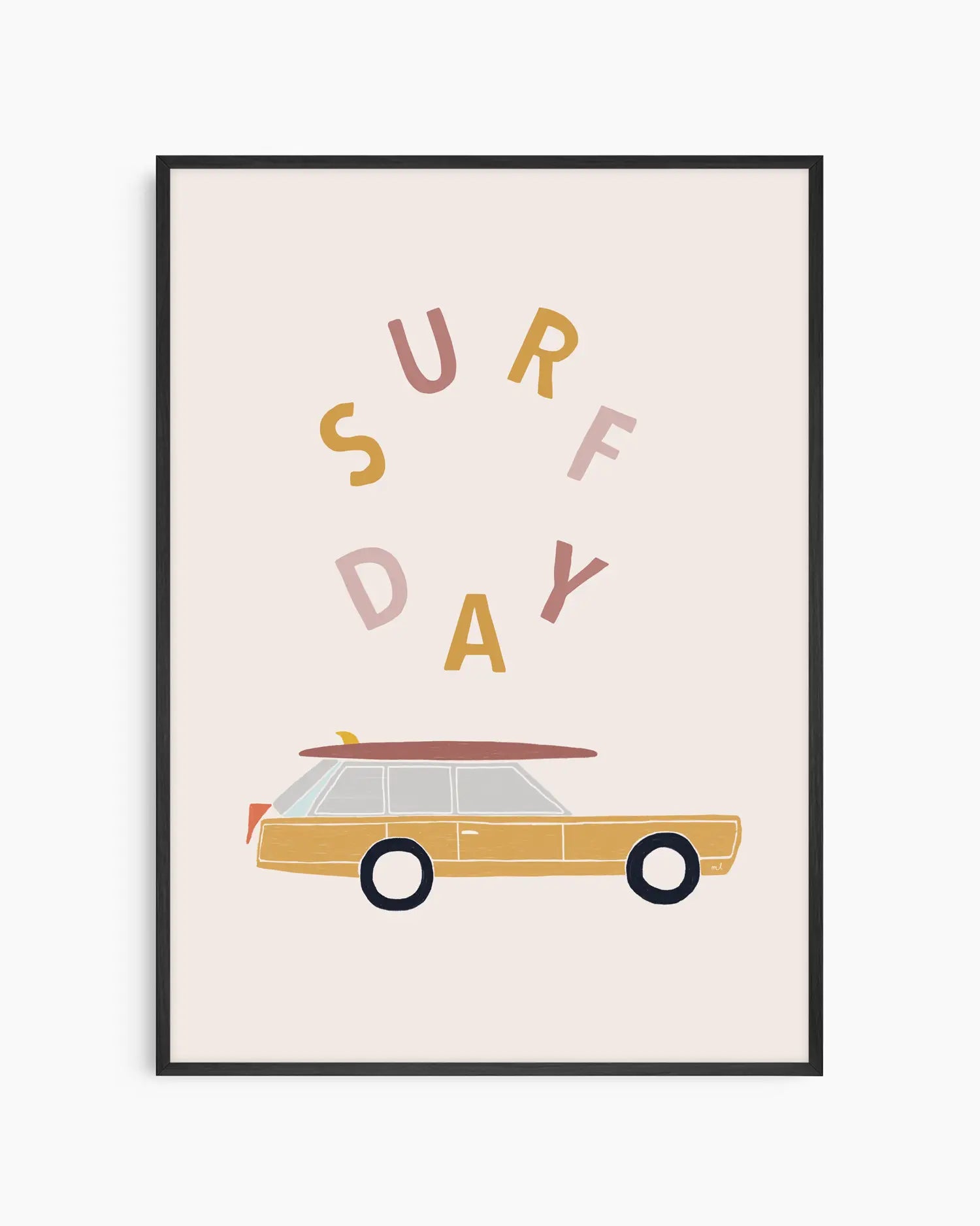 Framed artwork with 'Surf Day' text and a car illustration on a light background