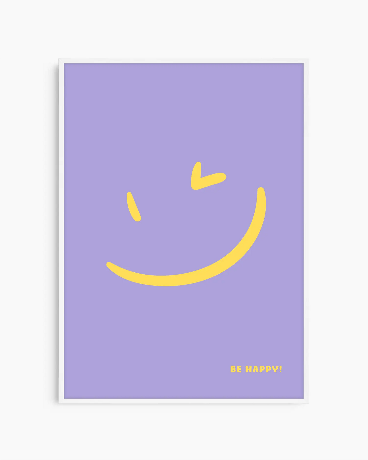 Nursery poster with a yellow smiley face and 'BE HAPPY!' text on a purple background framed in a white wooden frame.