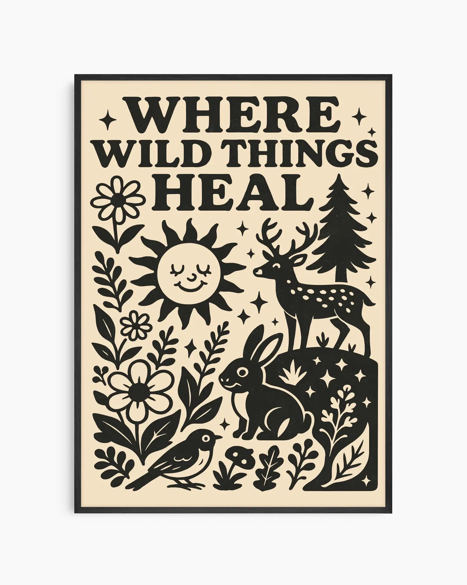 Decorative poster with nature-themed illustrations and 'Where Wild Things Heal' text on a beige background.
