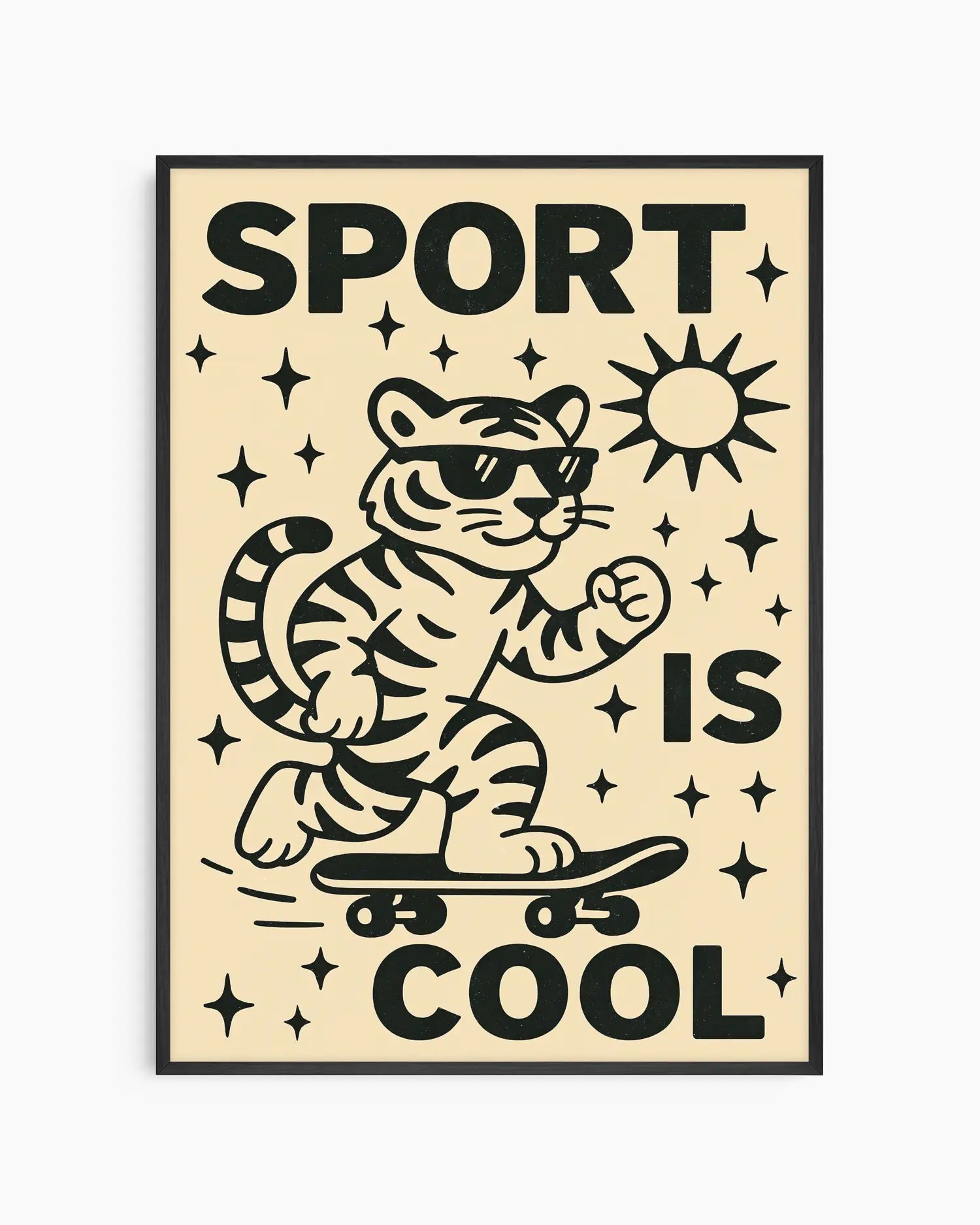 Poster with a tiger on a skateboard and 'Sport is Cool' text on a beige background