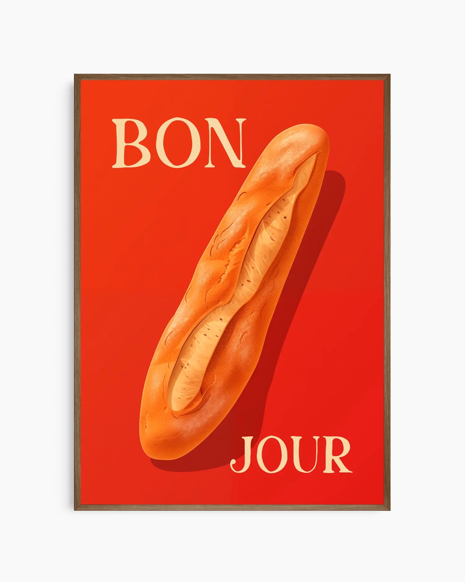 Nursery poster with a baguette on a red background with 'BONJOUR' text. Framed in a smoked oak wooden frame.