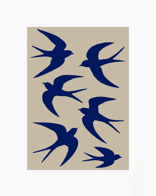 Set of six blue bird silhouettes on a beige background