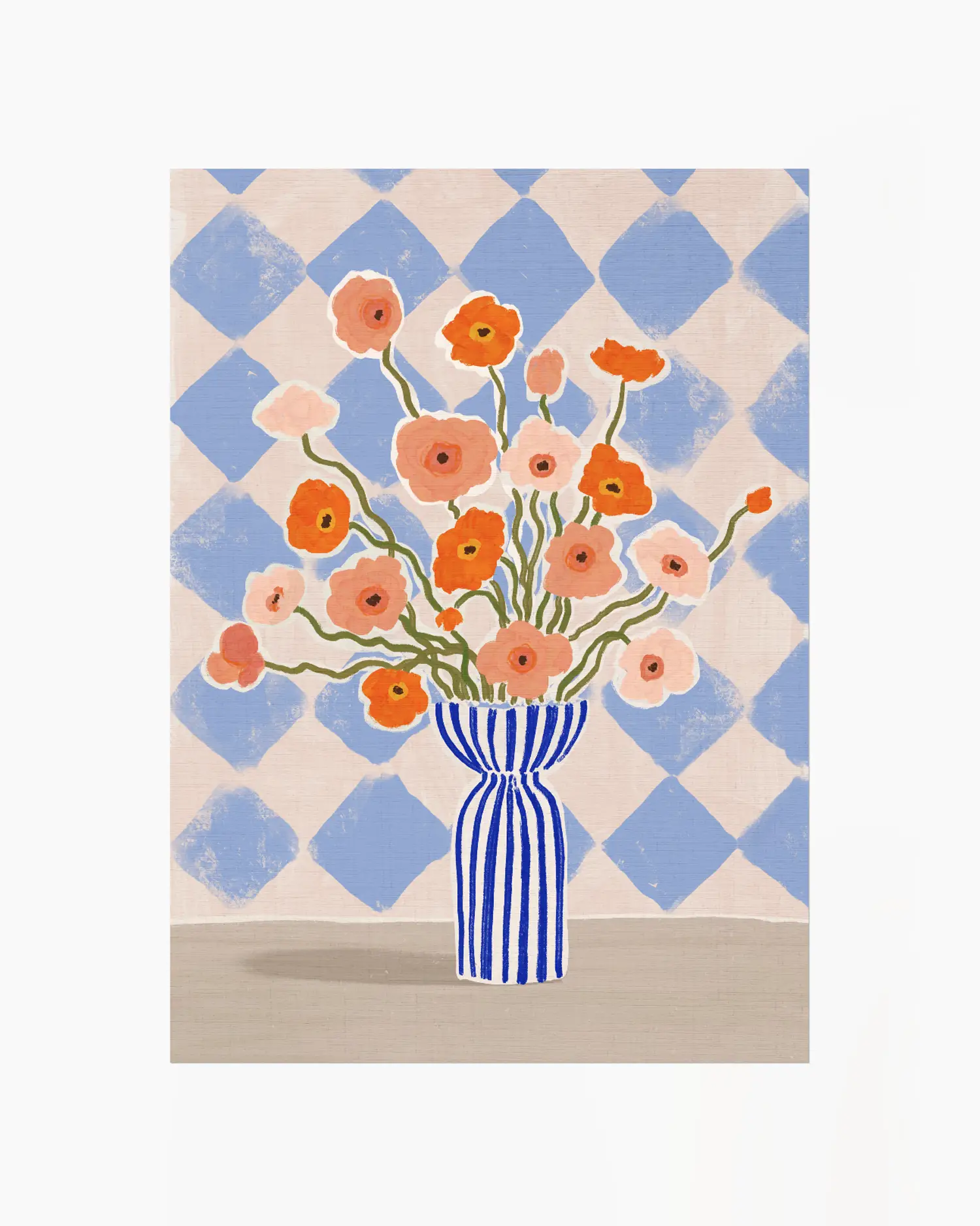 Nursery poster of a bouquet of flowers in a blue and white striped vase against a checkered background.