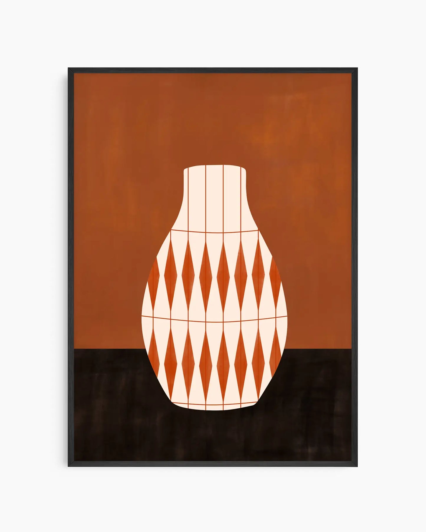 Framed artwork of a geometric vase design on a brown and black background. Black frame.