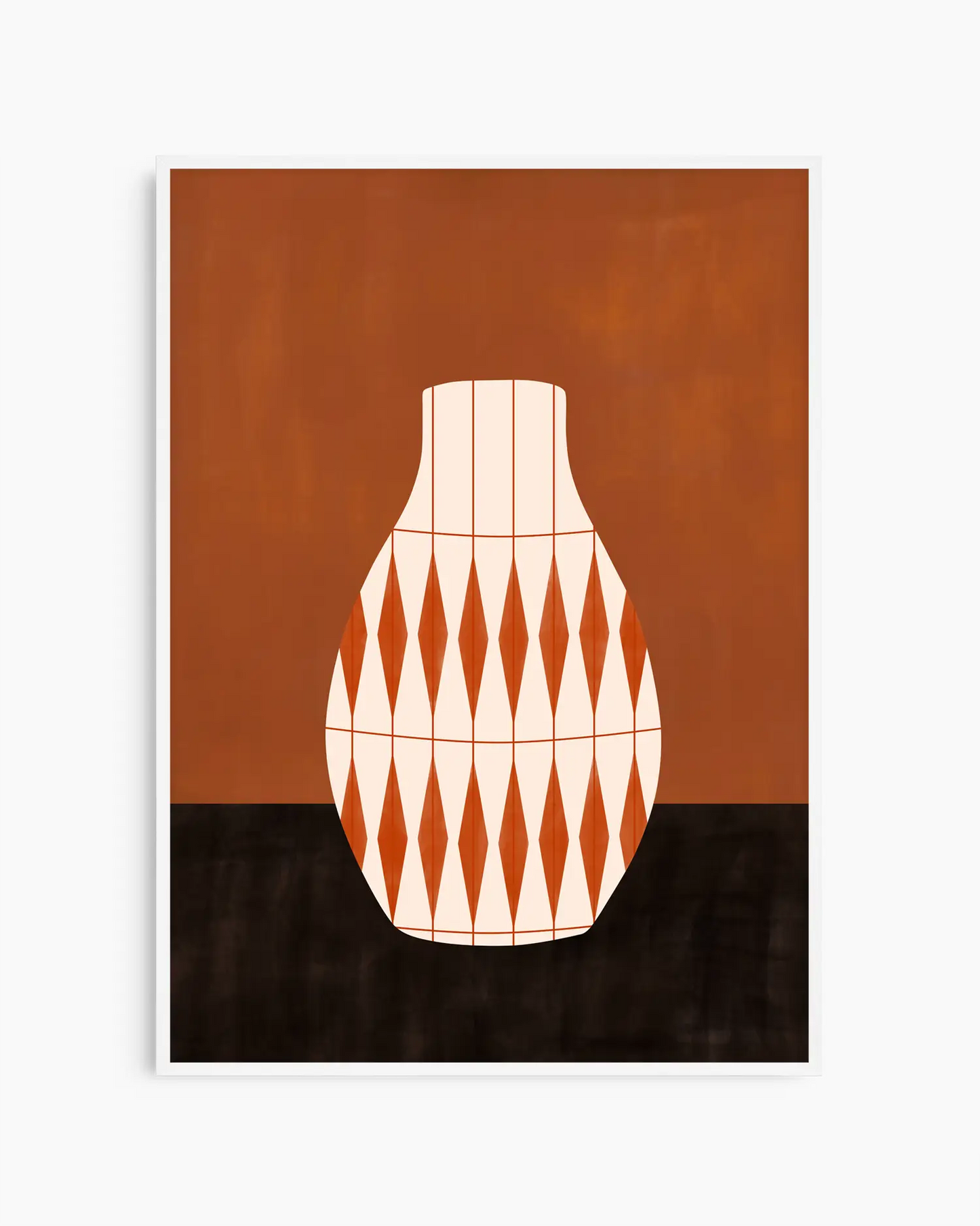 Framed artwork of a geometric vase design on a brown and black background. White frame.