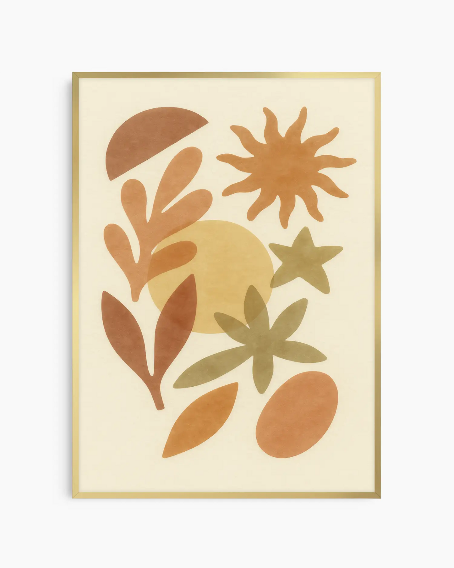 Framed artwork with abstract leaf and star shapes in brown and green on a beige background