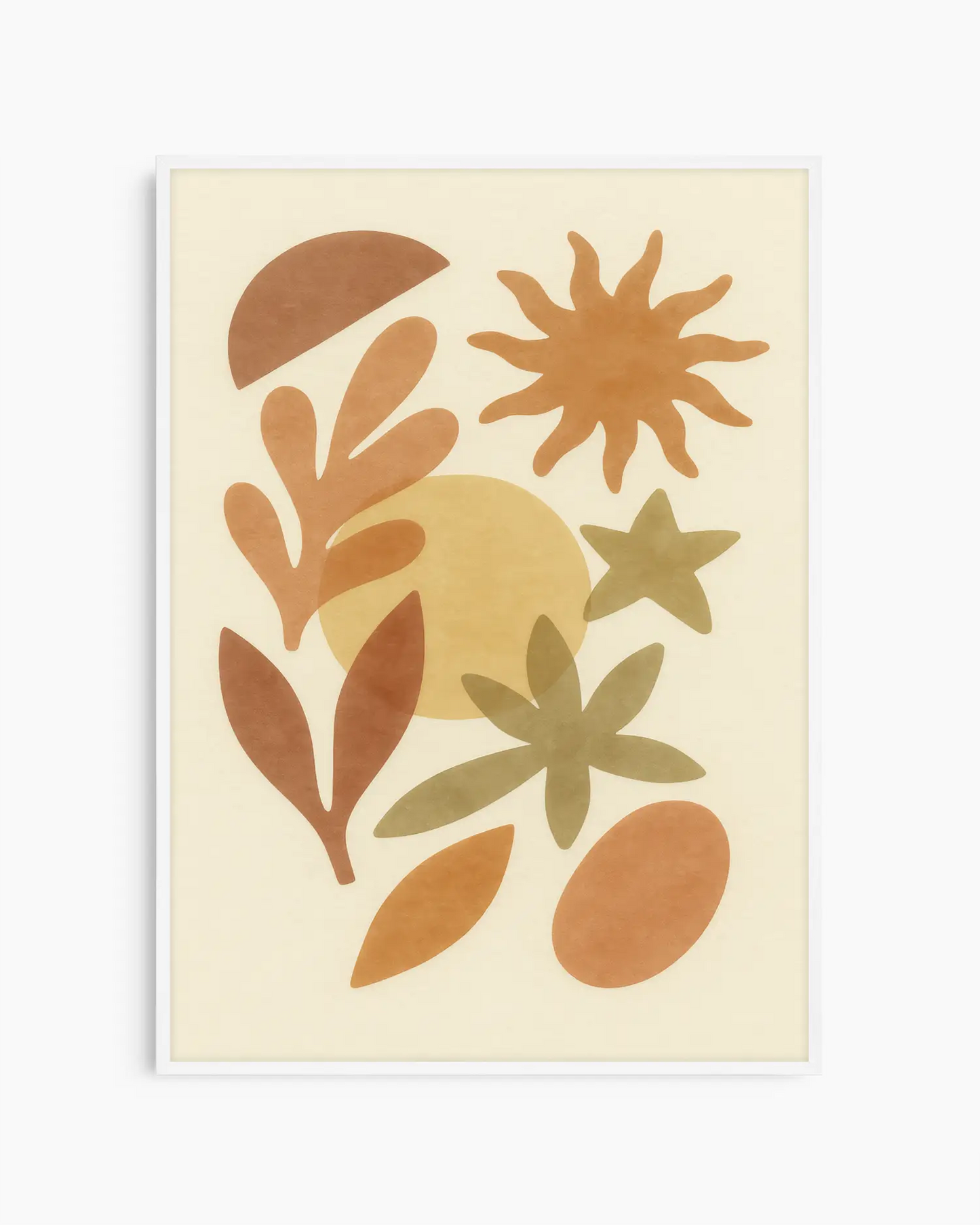 Decorative wall art with abstract leaf shapes in brown and green on a beige background