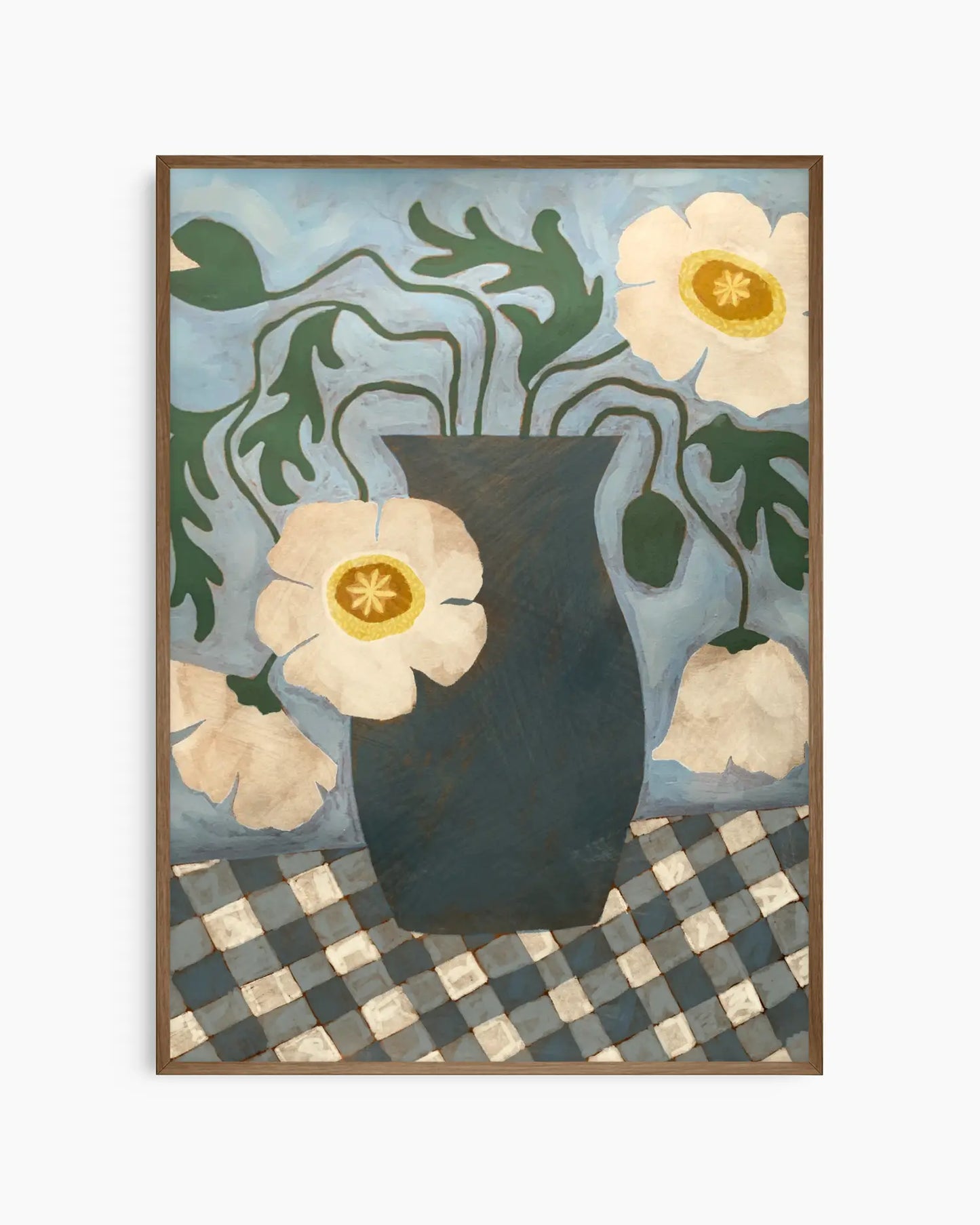 Framed artwork of a vase with white flowers on a checkered surface