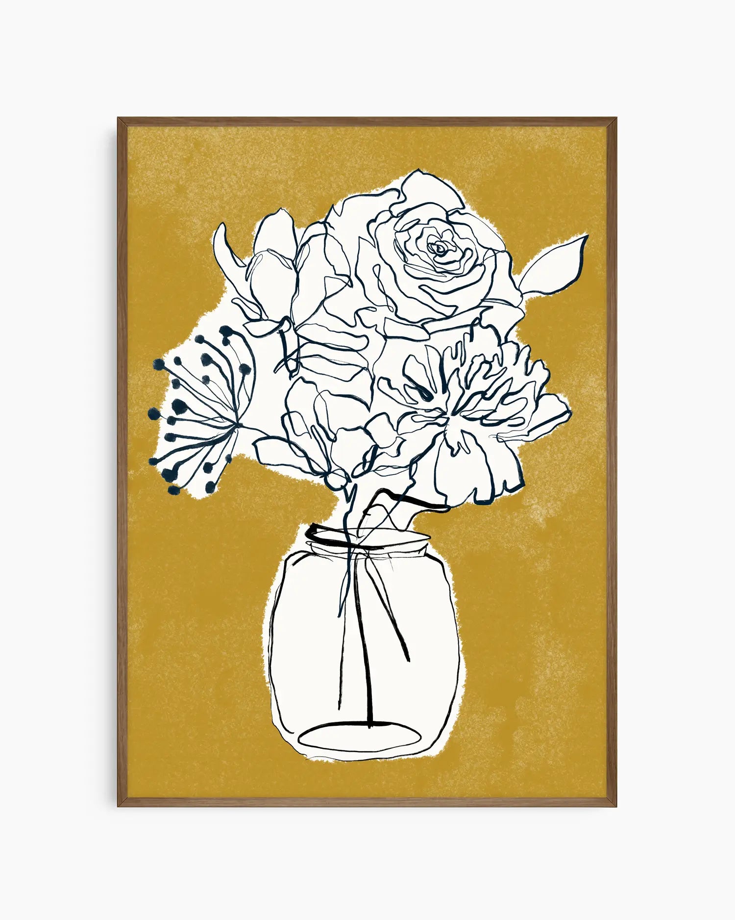 Framed artwork of a black line drawing of flowers in a jar on a mustard yellow background
