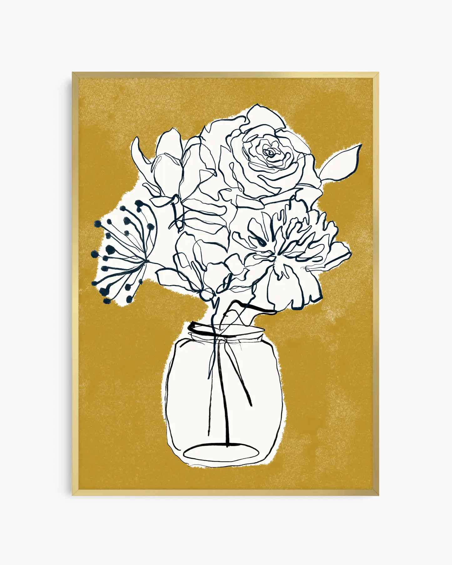 Black line drawing of flowers in a jar on a gold background